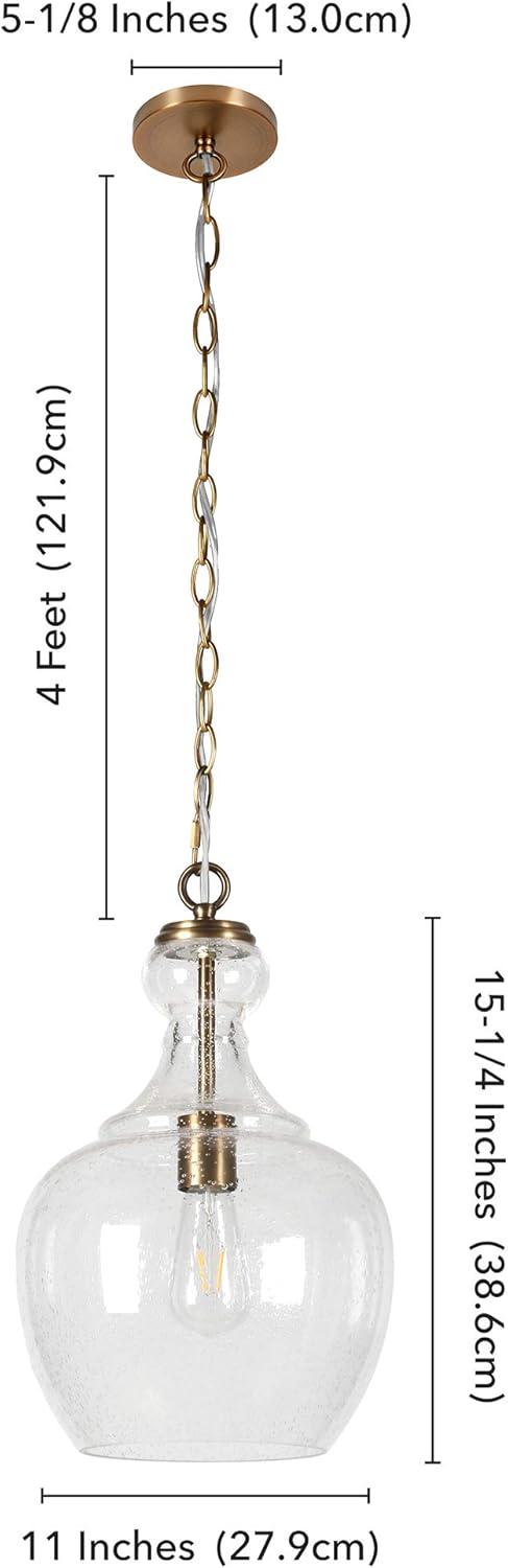 Henn&Hart 11" Wide Pendant with Glass Shade in Brass/Seeded, Pendant, Flush Mount Ceiling Light Fixture for Kitchen, Living Room