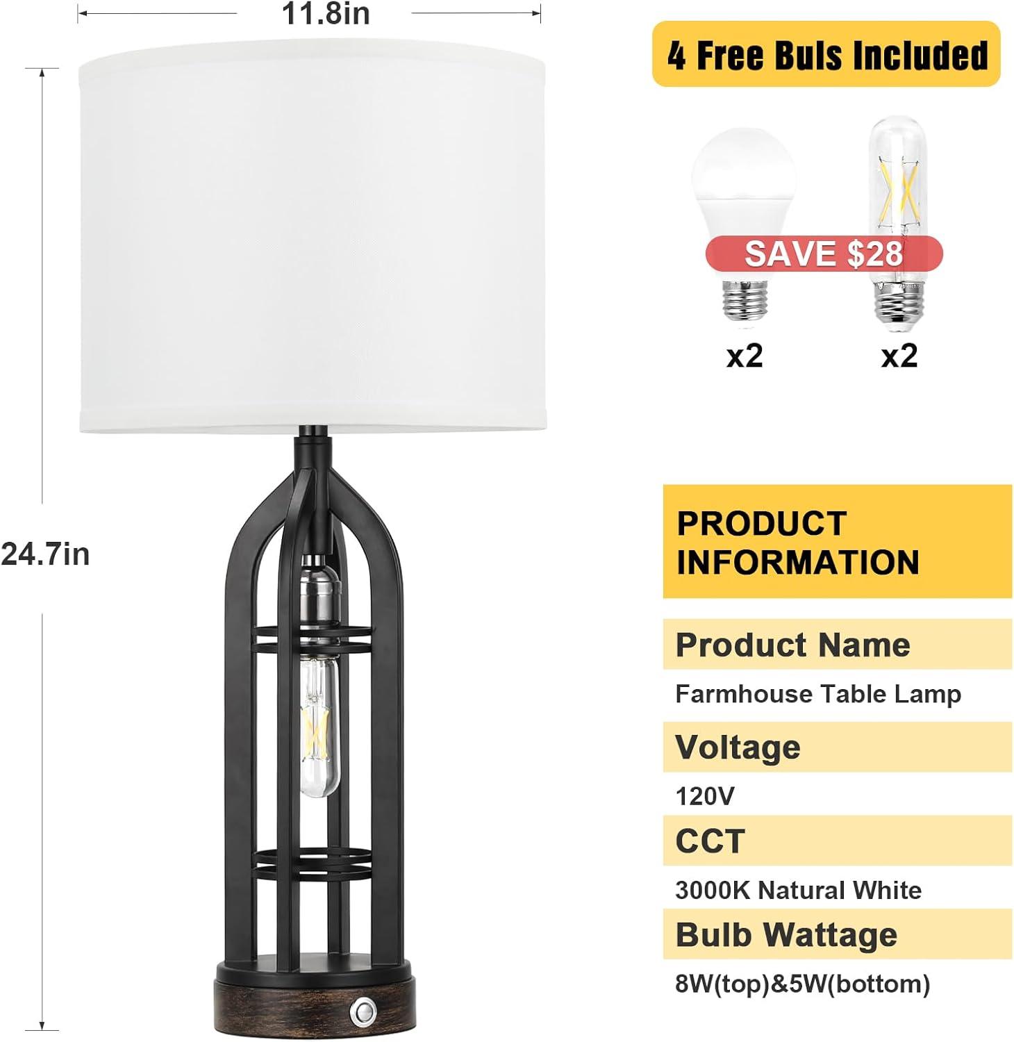 Table Lamp for Living Room - White Farmhouse Lamps for Night Stands with USB C+A, 3 Way End Table Lamps Set of 2, Vintage Bedside Lamp for End Tables, Rustic Nightstand Lamps for Bedroom