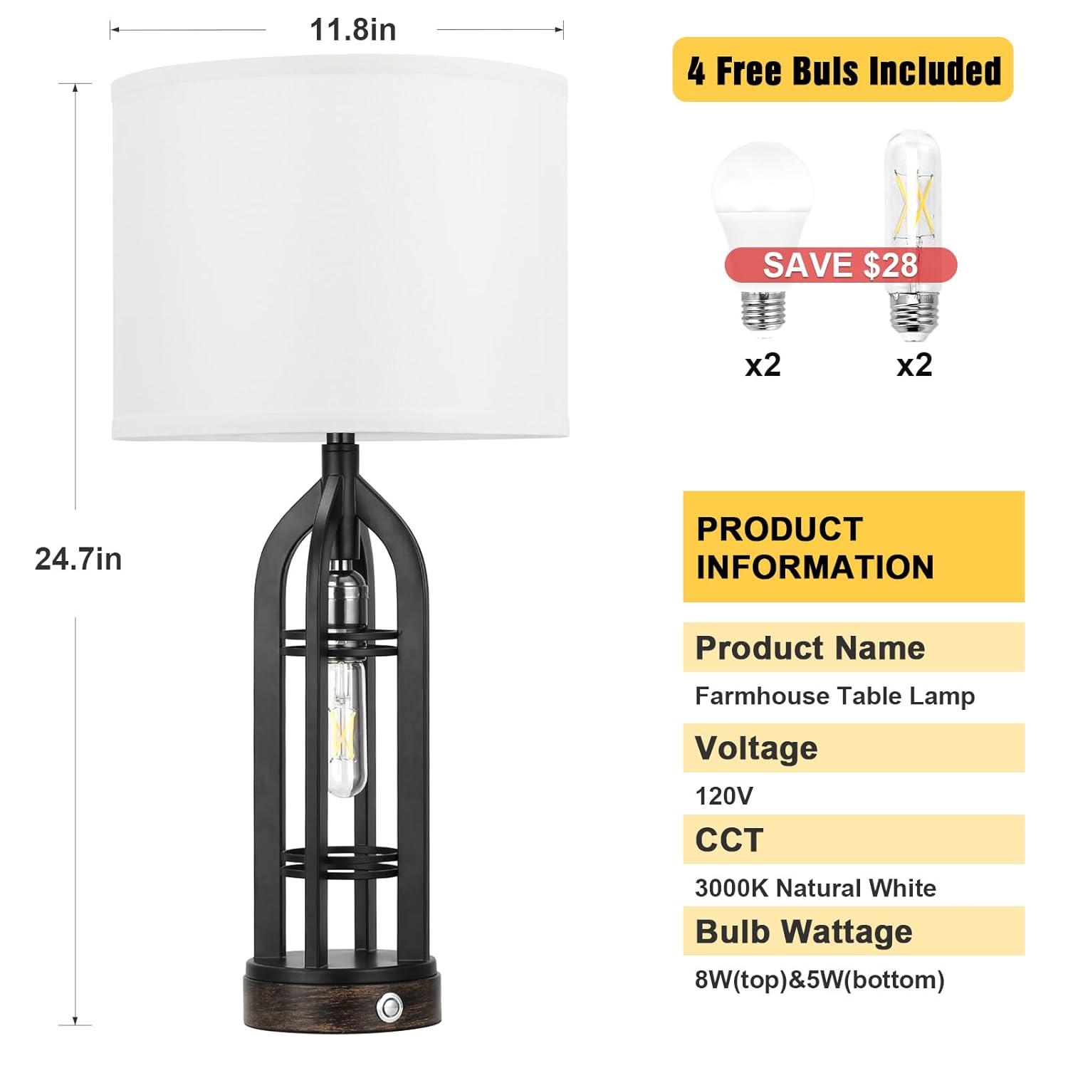 Table Lamp for Living Room - White Farmhouse Lamps for Night Stands with USB C+A, 3 Way End Table Lamps Set of 2, Vintage Bedside Lamp for End Tables, Rustic Nightstand Lamps for Bedroom