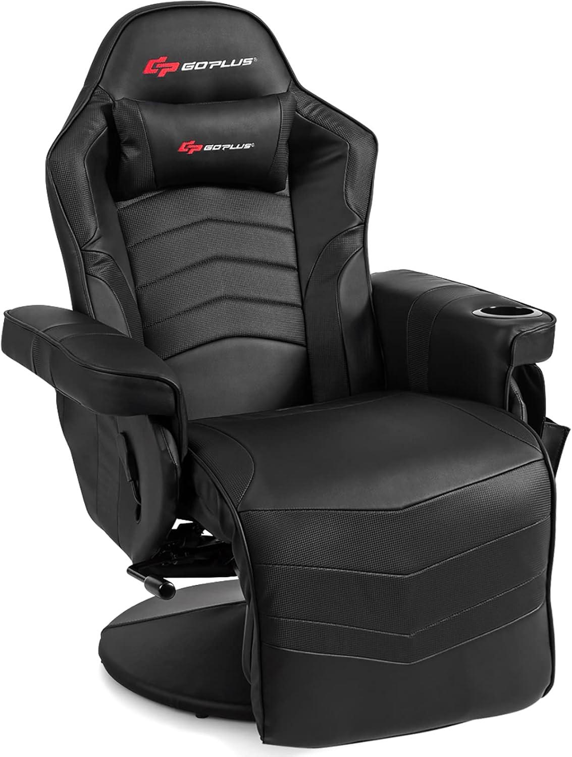 POWERSTONE Gaming Recliner Massage Gaming Chair with Footrest Ergonomic PU Leather Single Sofa with Cup Holder Headrest and Side Pouch, Adjustable Living Room Chair Seating, Black