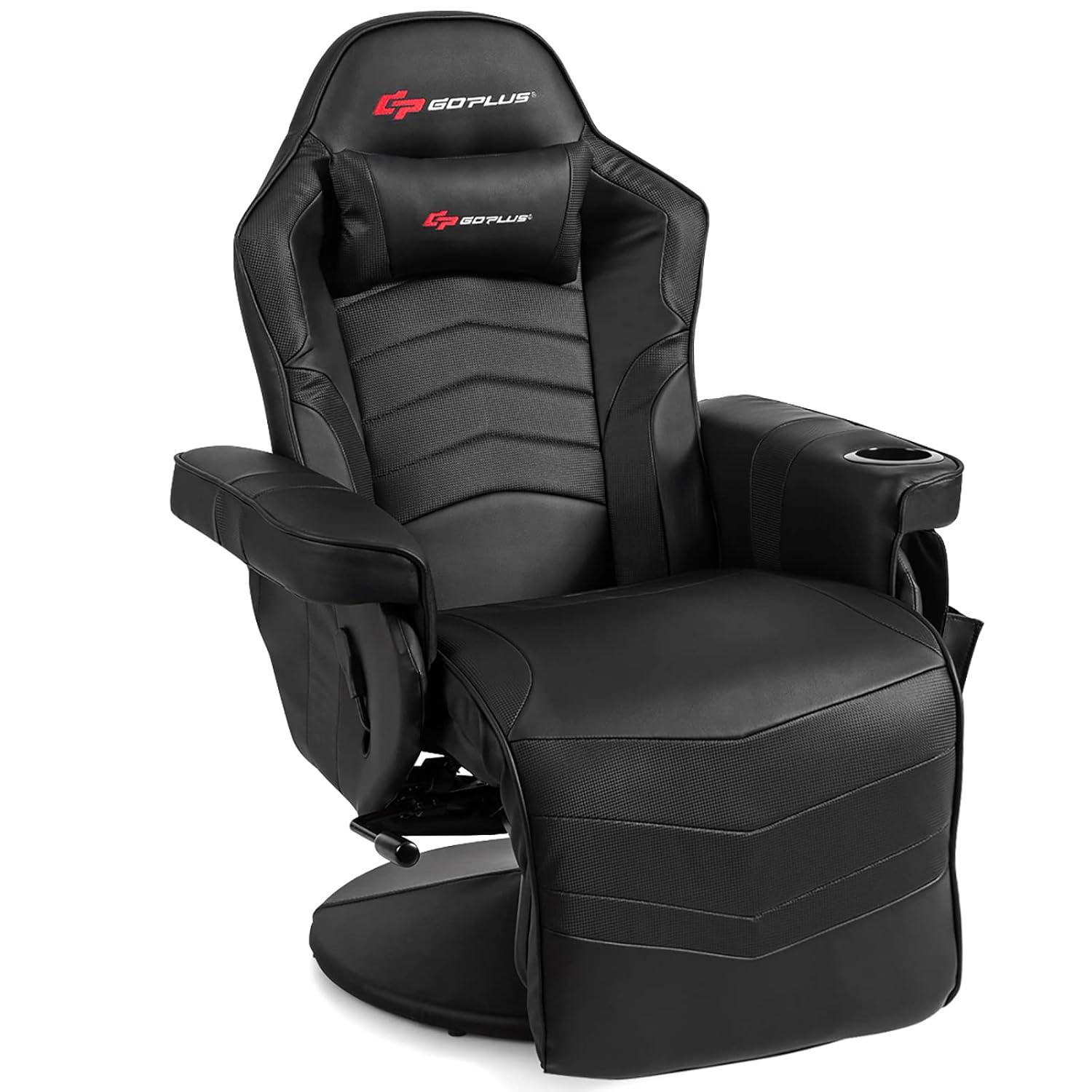 POWERSTONE Gaming Recliner Massage Gaming Chair with Footrest Ergonomic PU Leather Single Sofa with Cup Holder Headrest and Side Pouch, Adjustable Living Room Chair Seating, Black