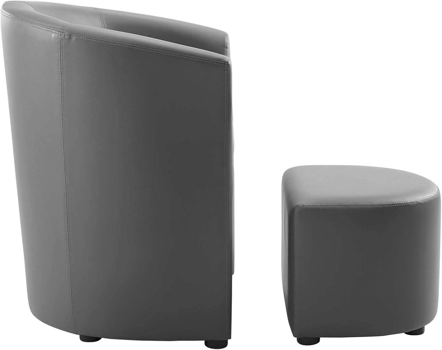 Streamlined Gray Faux Leather Barrel Armchair with Ottoman