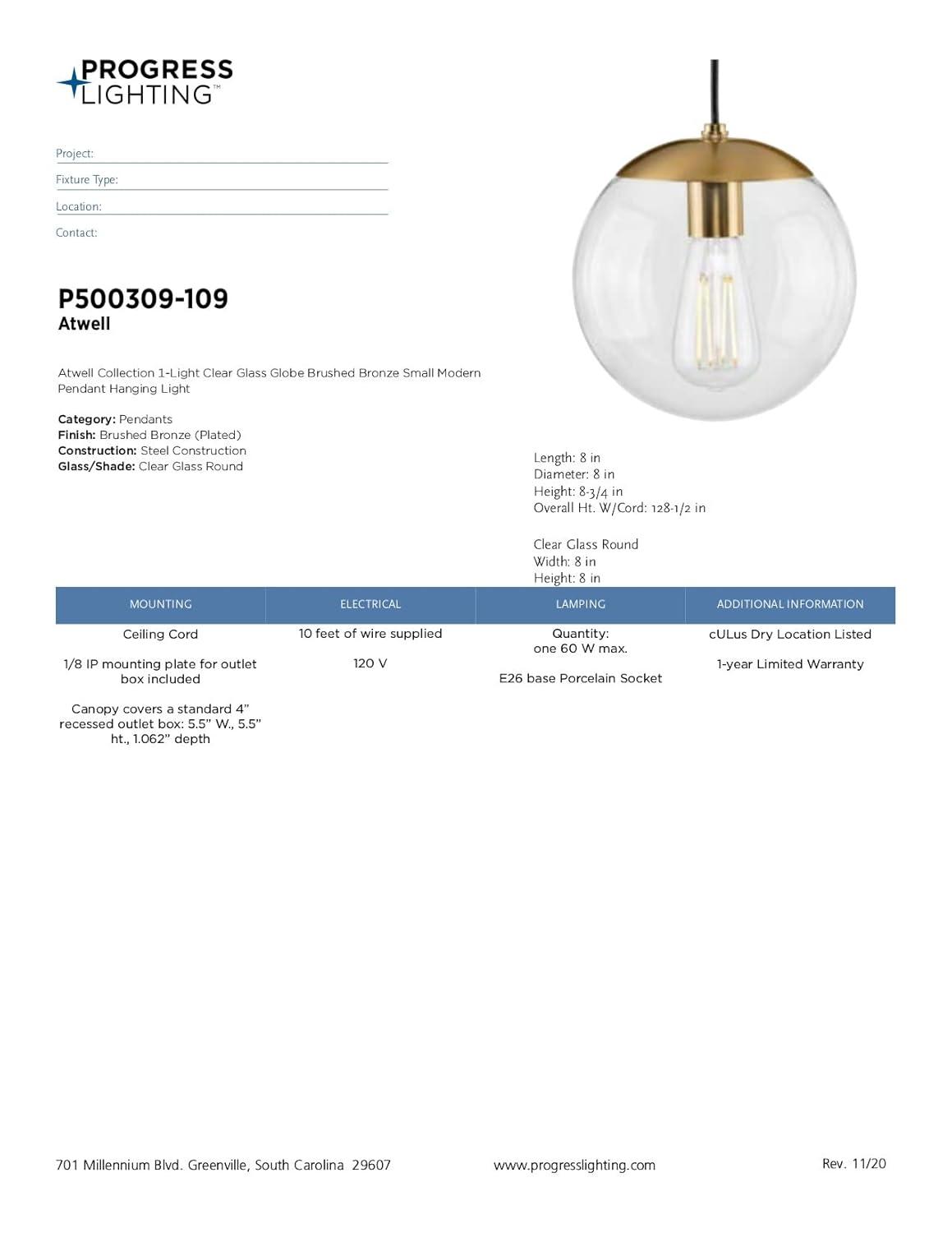 Progress Lighting Atwell 1-Light Glass Globe Pendant, Brushed Nickel, Clear Glass Shade