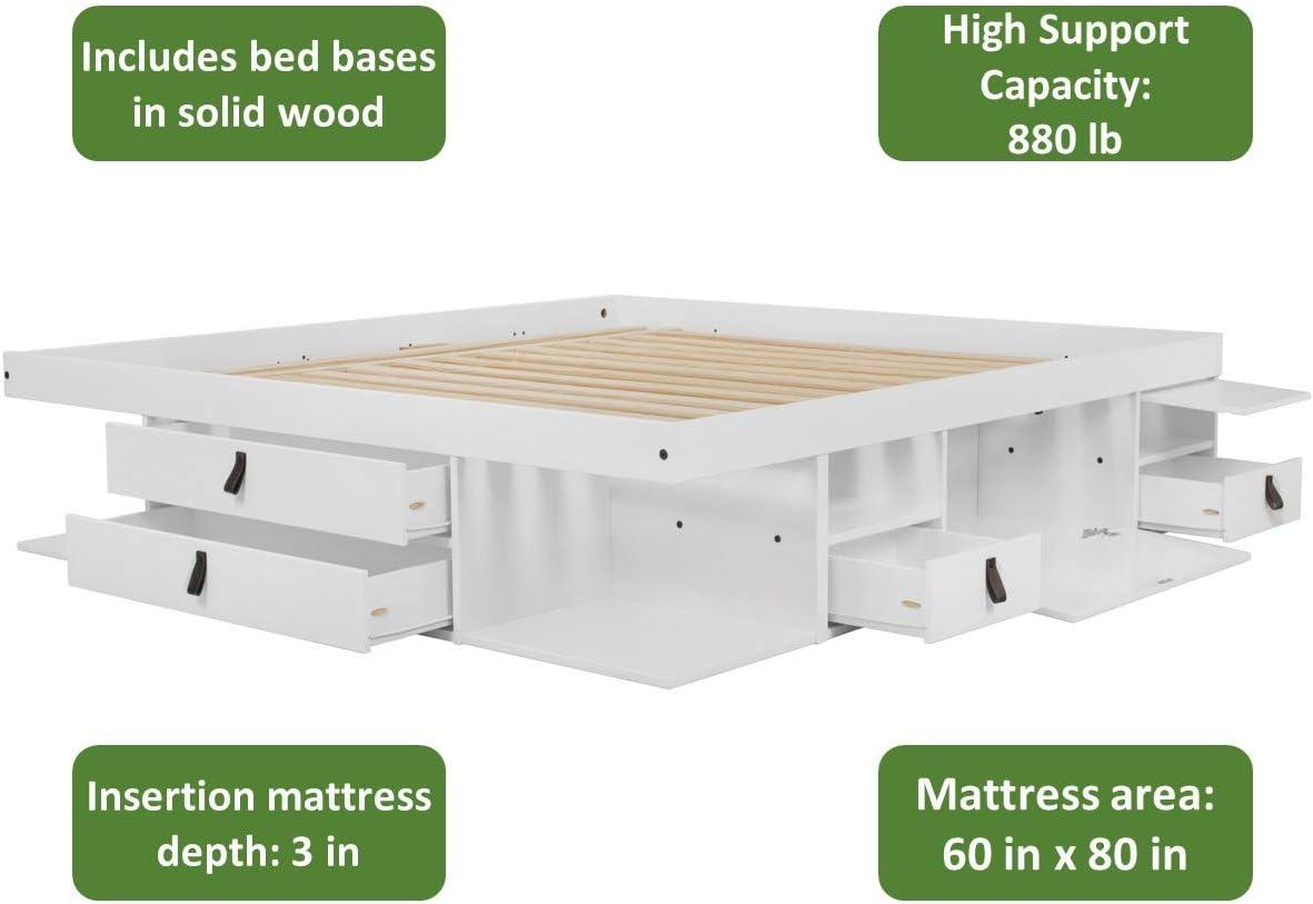 Memomad Bali Storage Platform Sturdy Bed Frame with Drawers & More (Queen Size, White Wood)