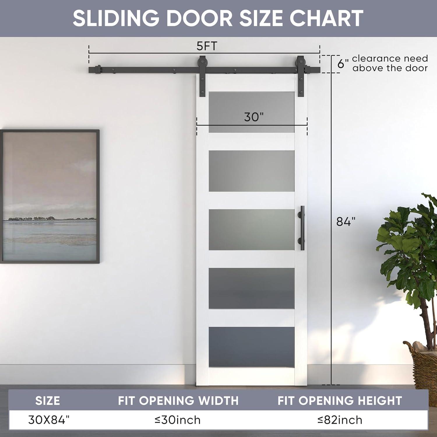 White 30x84 Frosted Glass 5-Panel Sliding Barn Door with Hardware Kit