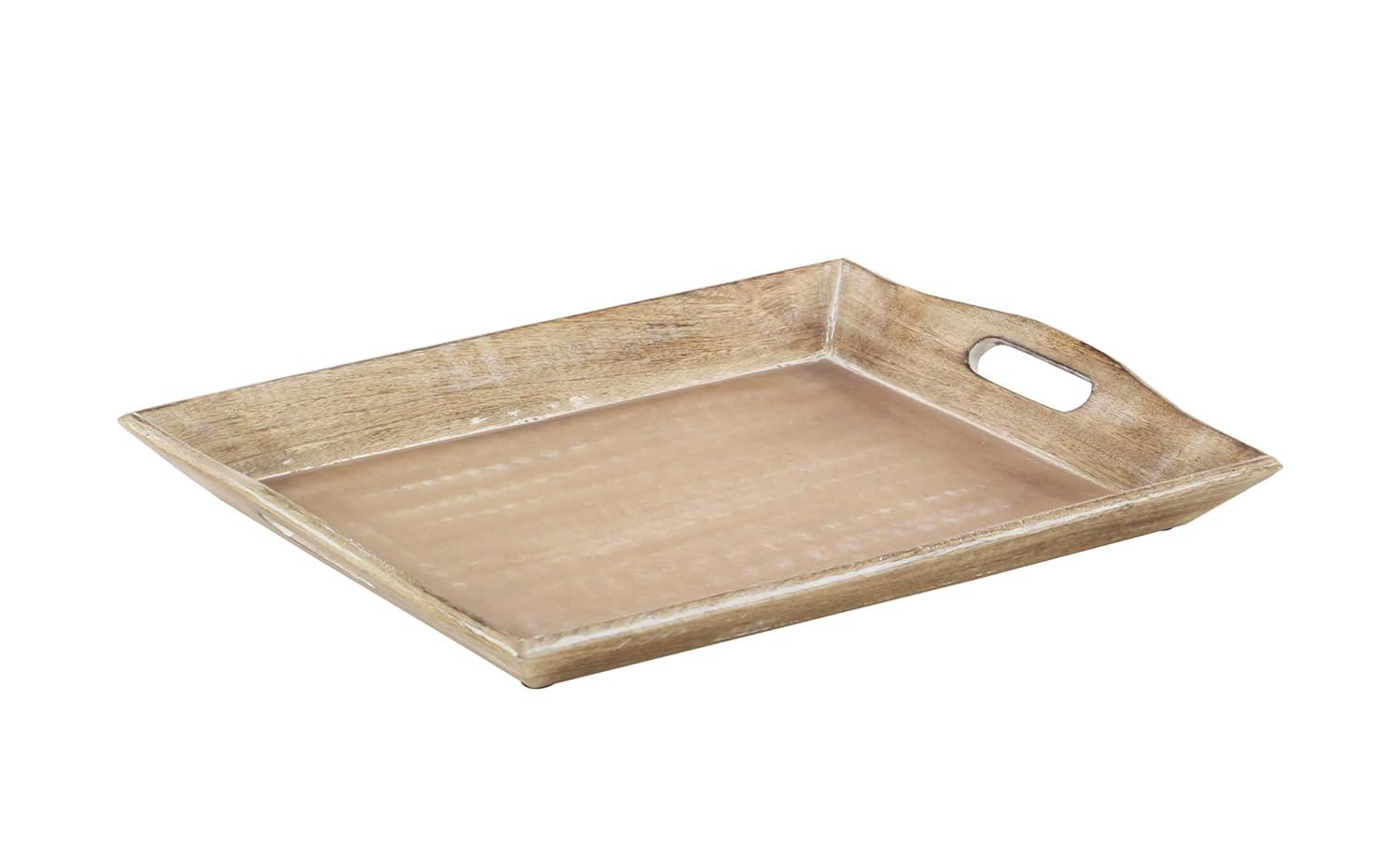Olivia & May Set of 2 Traditional Whitewashed Natural Mango Wood Serving Trays Brown: Ottoman Style, with Handles