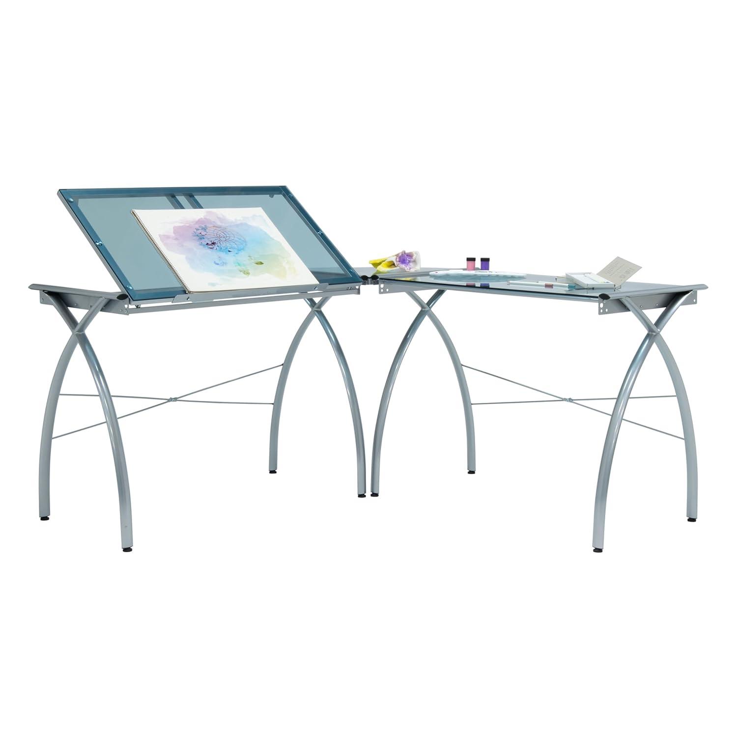 Inbox Zero Courson L-Shaped Glass Top Metal Base Drafting Table