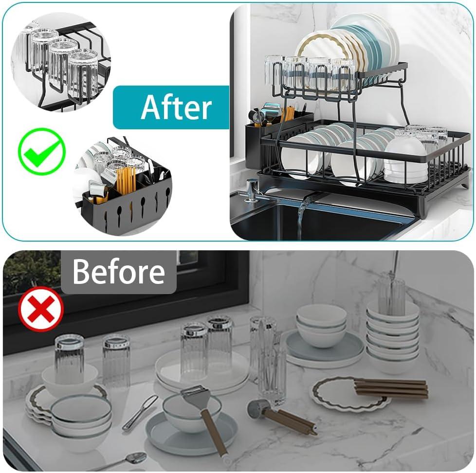 2-Tier Drying Dish Rack and Drain Board Set Utensil Holder Metal Kitchen Counter