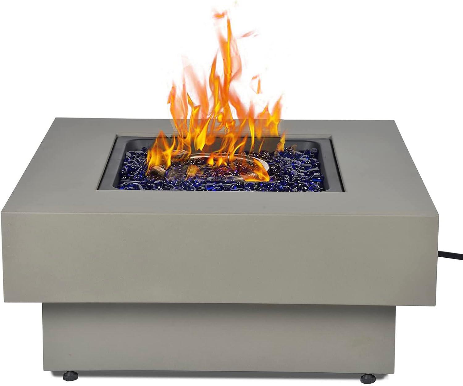 BAIDE HOME 32.5" Square Steel Low Profile Gas Fire Pit Table, 50,000 BTU Outdoor Propane Fire Pit with Lid, Glass Rocks, Cover, Pre-attached 10ft Propane Hose