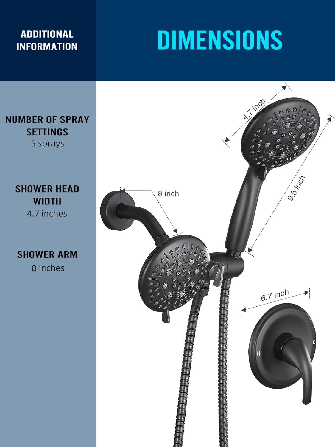Cobbe Shower Head with handheld, High Pressure Shower Faucet Set with Hose Adjustable Bracket Rubber Washers, Dual 2 In 1 Shower System matte black(Valve Include)