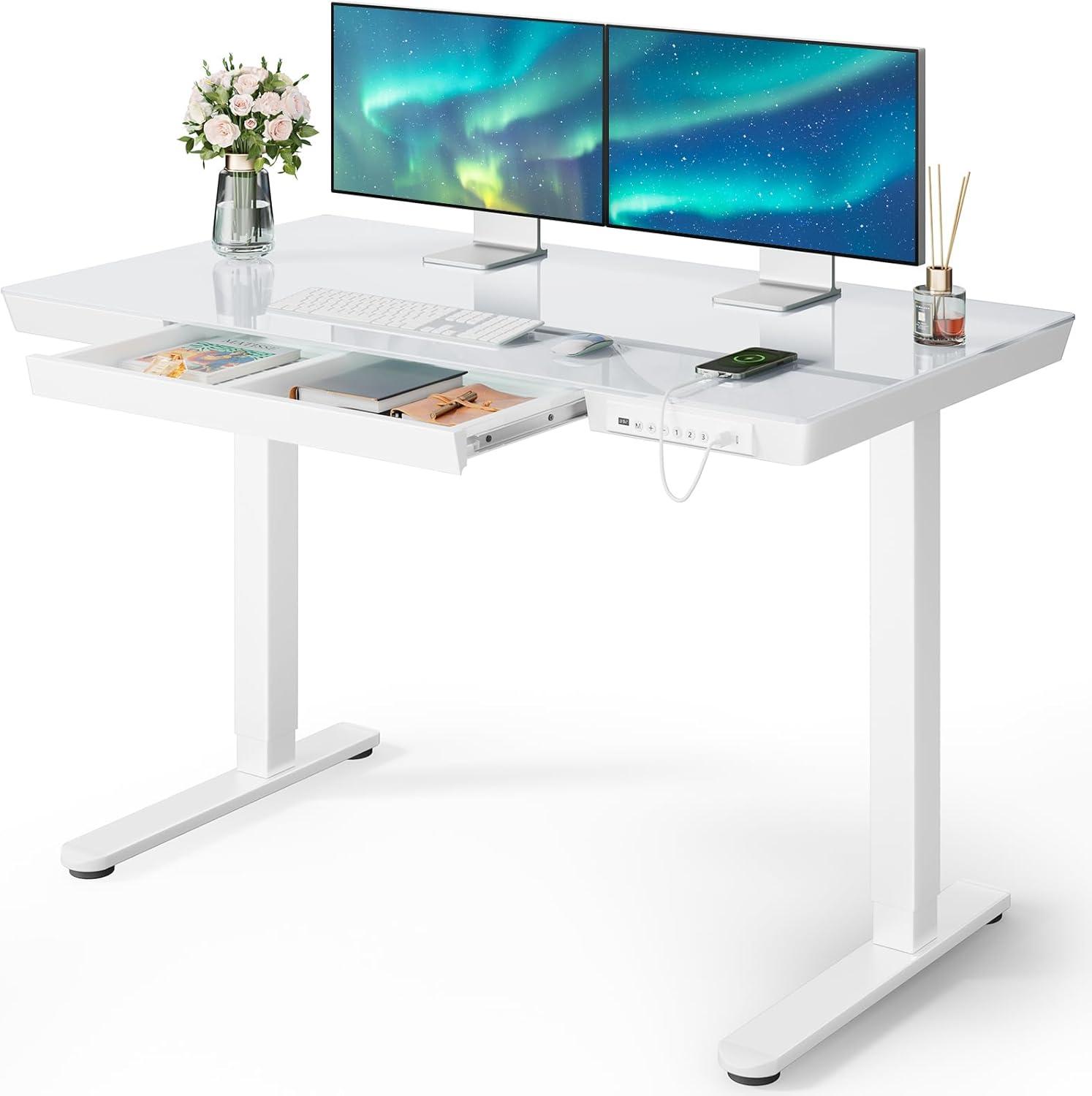 White Glass Adjustable Standing Desk with Drawer and USB Ports