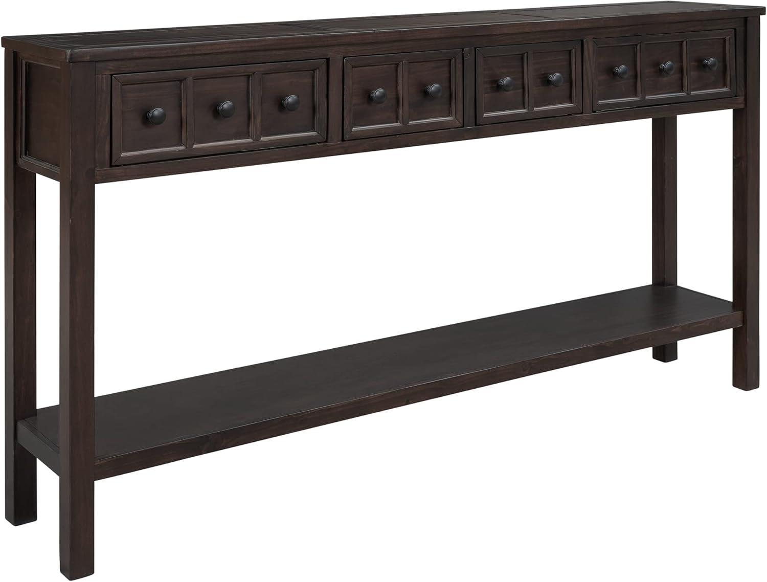 Merax Long Entryway Console Table with 4 Storage Drawers, 60" Solid Wood Sofa Table with Bottom Shelf, for Living Room Hallway, Espresso