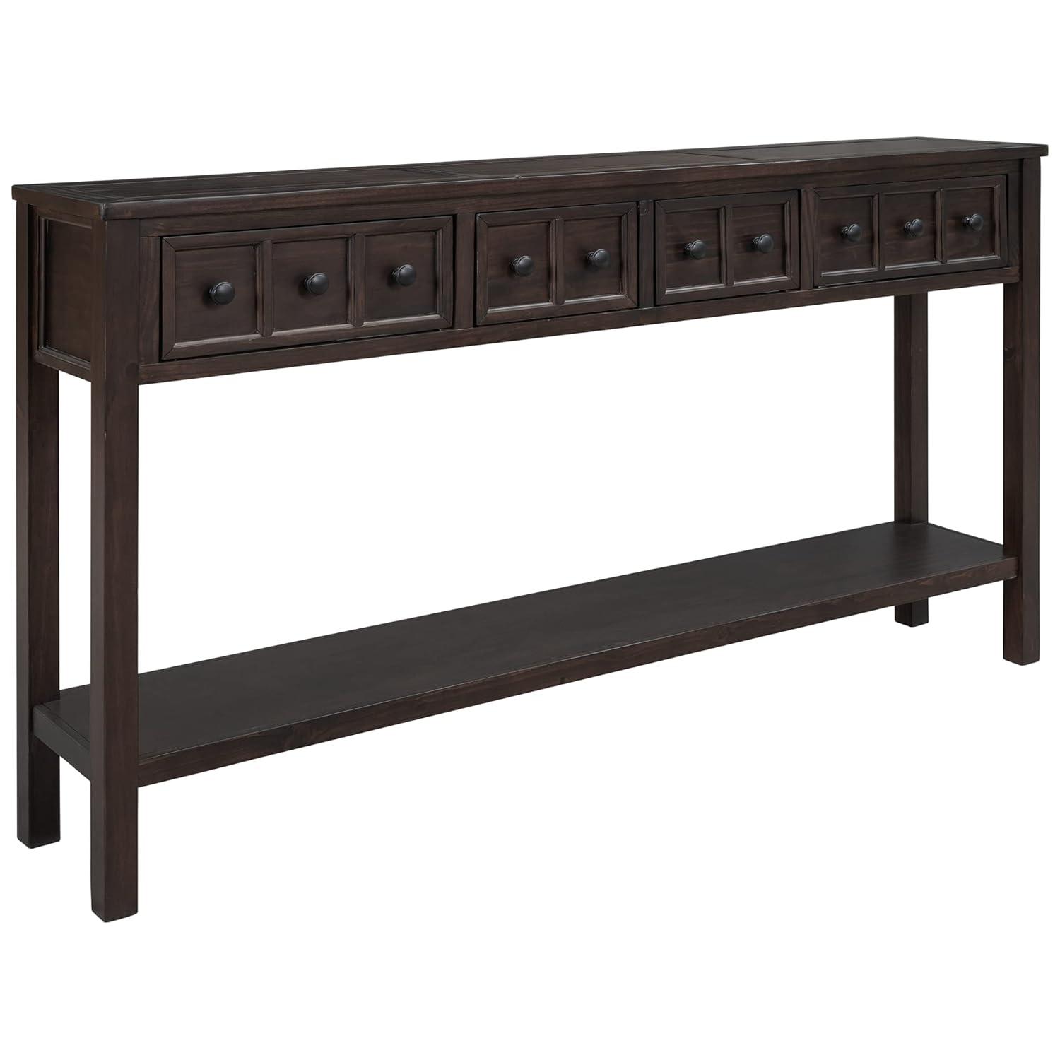 Merax Long Entryway Console Table with 4 Storage Drawers, 60" Solid Wood Sofa Table with Bottom Shelf, for Living Room Hallway, Espresso