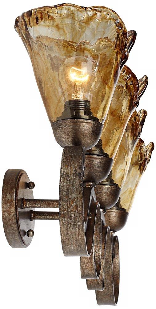 Franklin Iron Works Amber Scroll Rustic Wall Light Golden Bronze 29 1/2" Art Glass Fixture for Bedroom Bathroom Vanity Reading Living Room Hallway