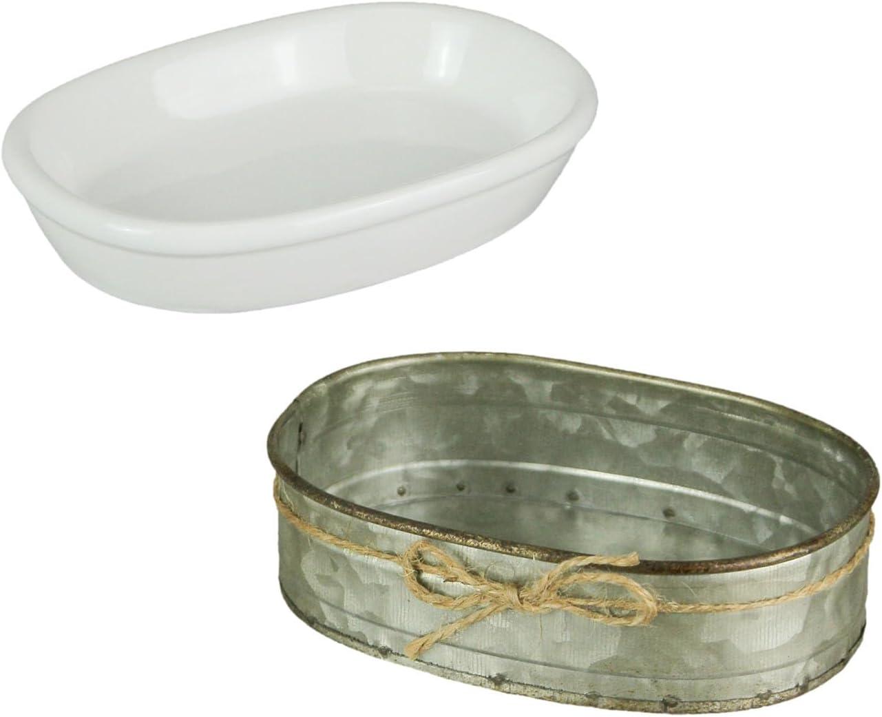 Audrey's White Ceramic Soap Dish with Galvanized Zinc Finish Tray