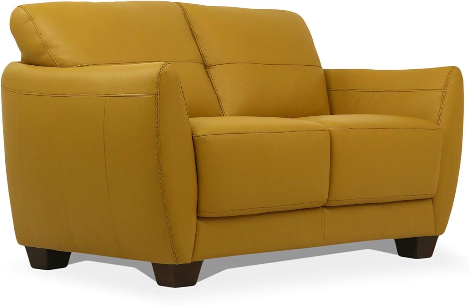 Mustard Leather Loveseat with Flared Arms and Wood Legs