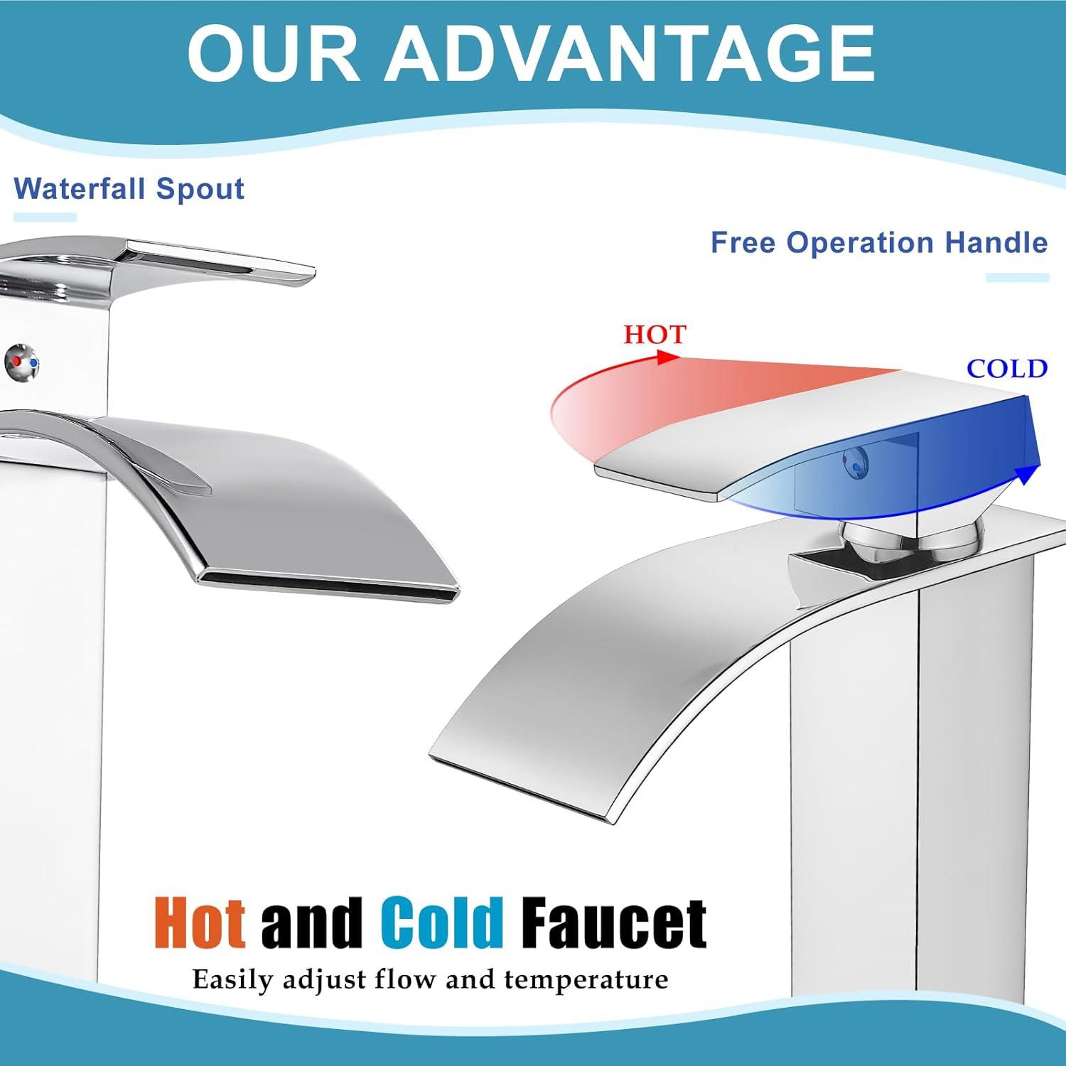 Midanya Waterfall Spout Bathroom Faucet Single Handle 1 Hole Bathroom Sink Faucet,Modern RV Lavatory Vanity Basin Tap with Water Hose,Short Body,Polish Chrome