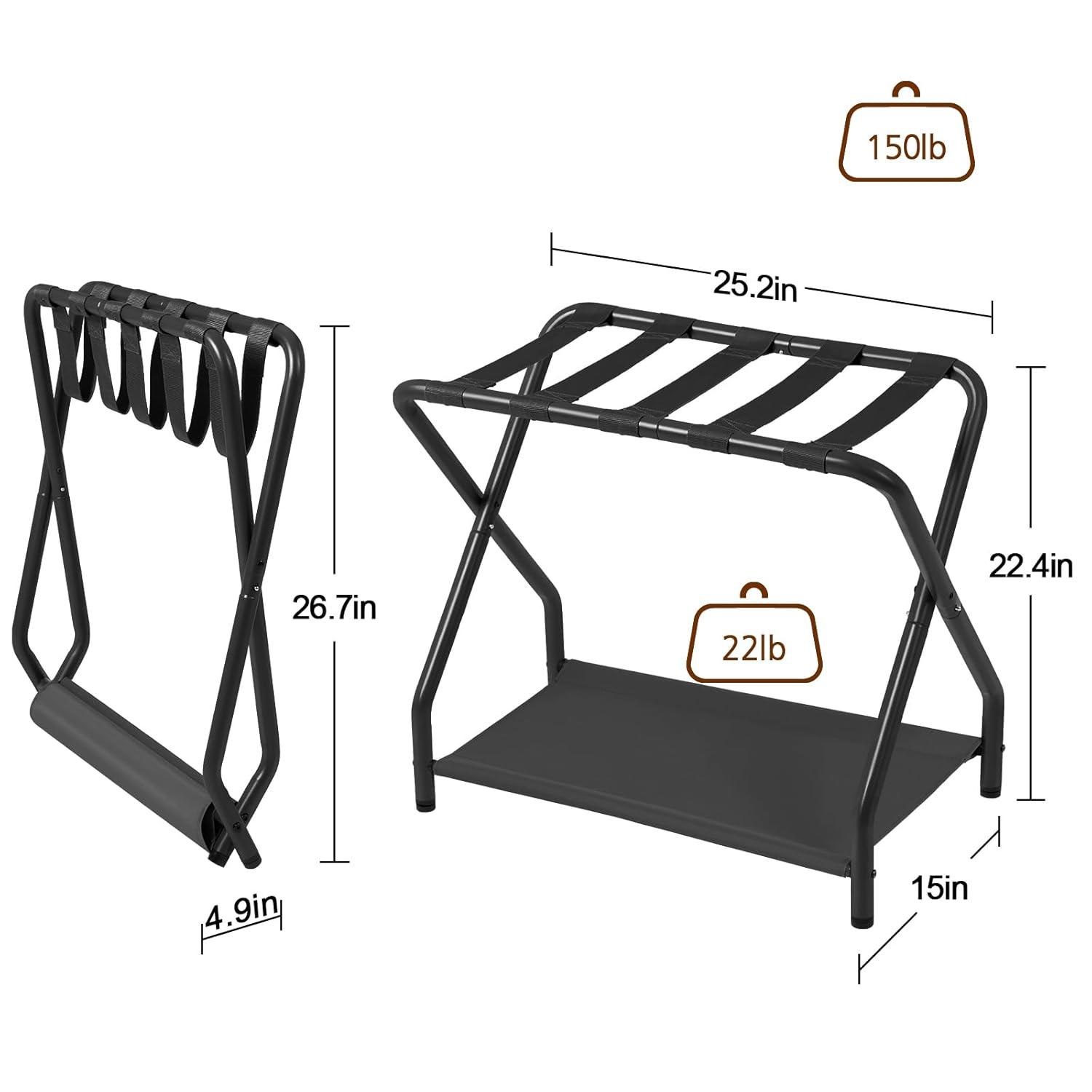MEBROT Set Of 2, Foldable Suitcase Stands For Guest Room, Metal Luggage Holder With Storage Shelf For Bedroom, Hotel, Easy Assemble