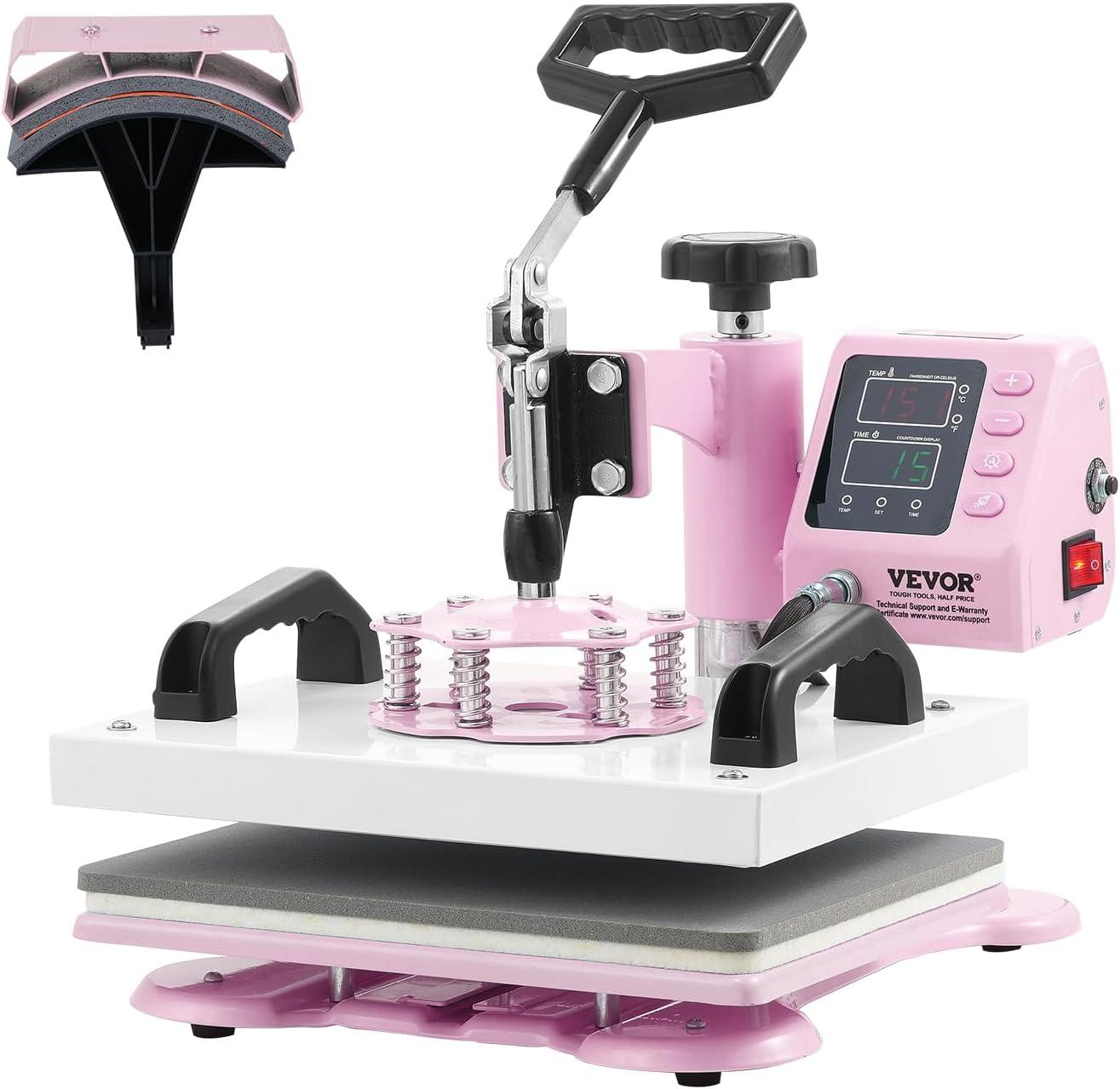 VEVOR Heat Press Machine 15x15 inch, Heat Press Machine for T-Shirts, 5 in 1 Heat Press with 30 OZ Tumbler Press, Combo Tumbler Heat Press Machine Sublimation for Hat Cap Mug Plate, Pink
