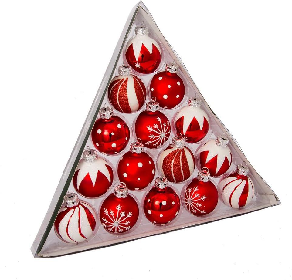 Kurt Adler Red and White Decorated Glass Ball Christmas Ornaments 15 Pieces
