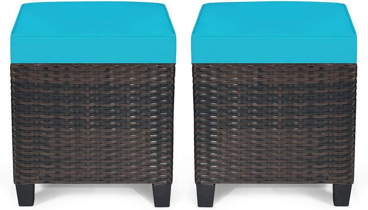 Costway 2PCS Patio Rattan Ottoman Cushioned Seat w/ Foot Rest Turquoise