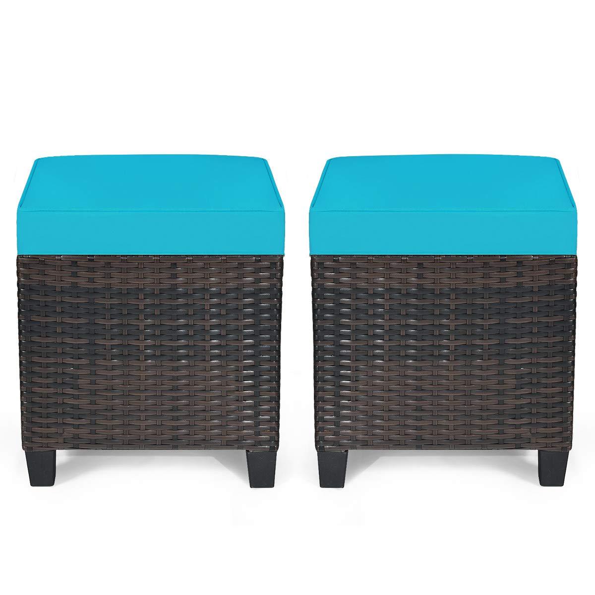 Costway 2PCS Patio Rattan Ottoman Cushioned Seat w/ Foot Rest Turquoise