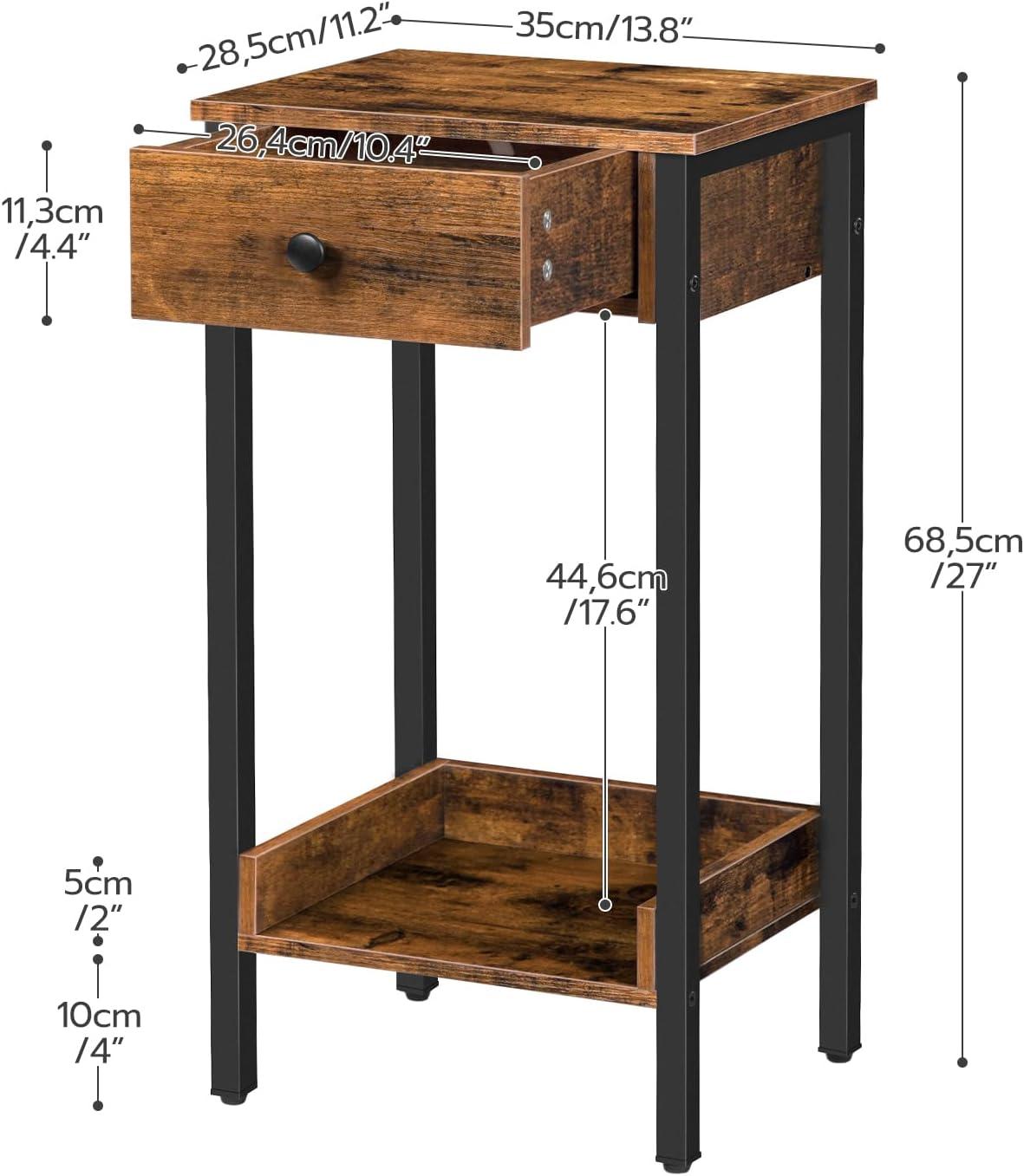 Rustic Brown and Black Metal End Table with Drawer and Shelf