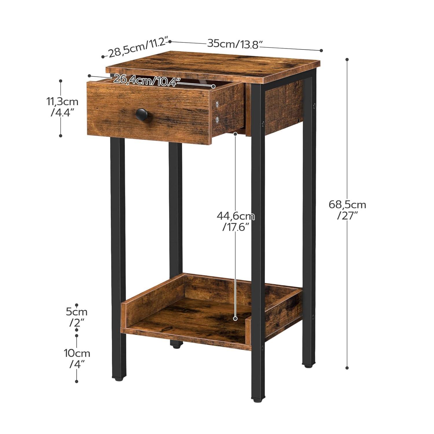 HOOBRO Tall End Table, Nightstand, Industrial Side Table with Drawer and Storage Shelf, for Study, Bedroom, Space Saving, Rustic Brown and Black BF71BZ01