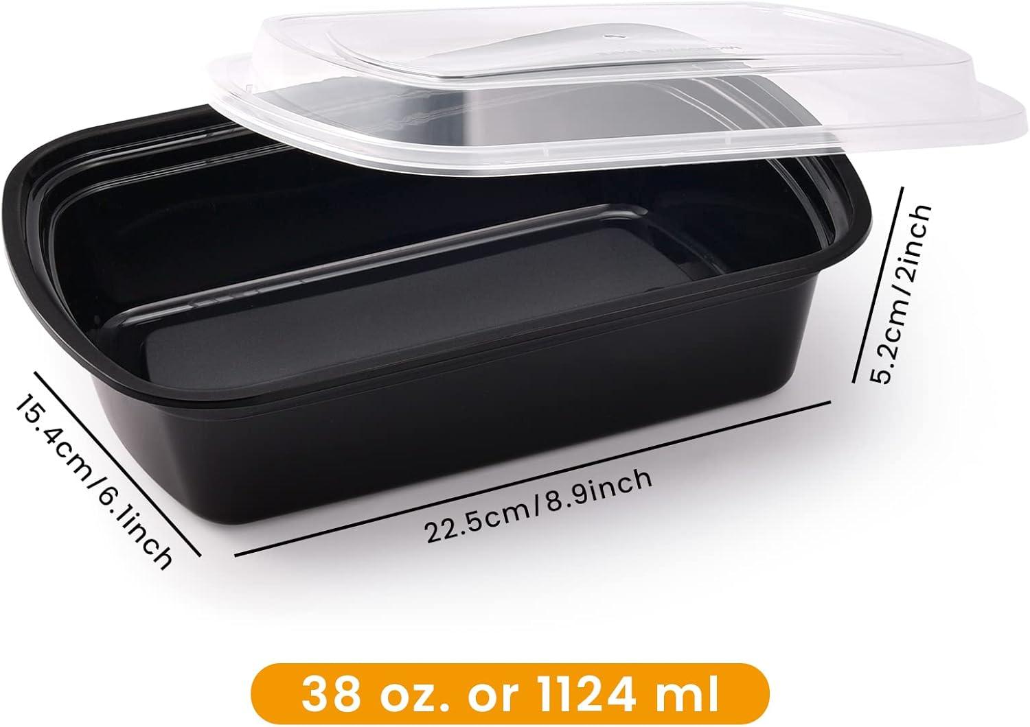 38oz Black Plastic Meal Prep Containers with Clear Lids, Set of 30