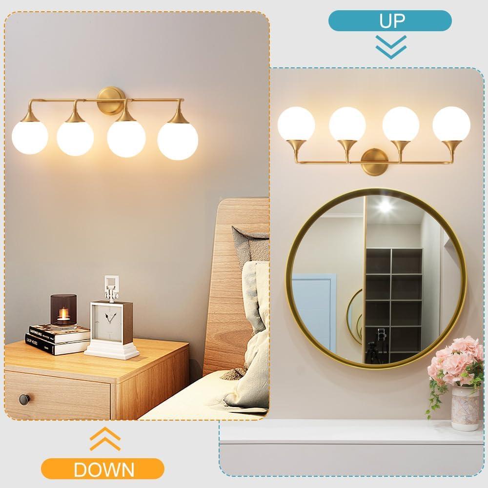 Brushed Gold 4-Light Vanity Fixture with White Glass Shades