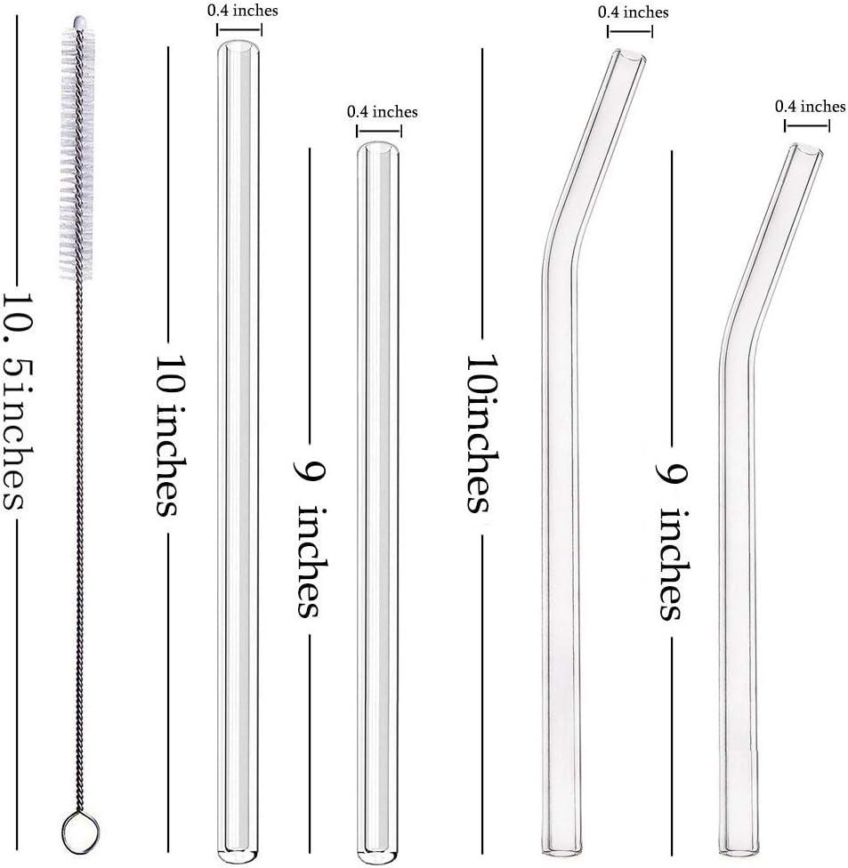 8-Pack Clear Glass Smoothie Straws, 10mm Wide 10" + 9 " Long Reusable Drinking Straws with 2 Cleaning Brush