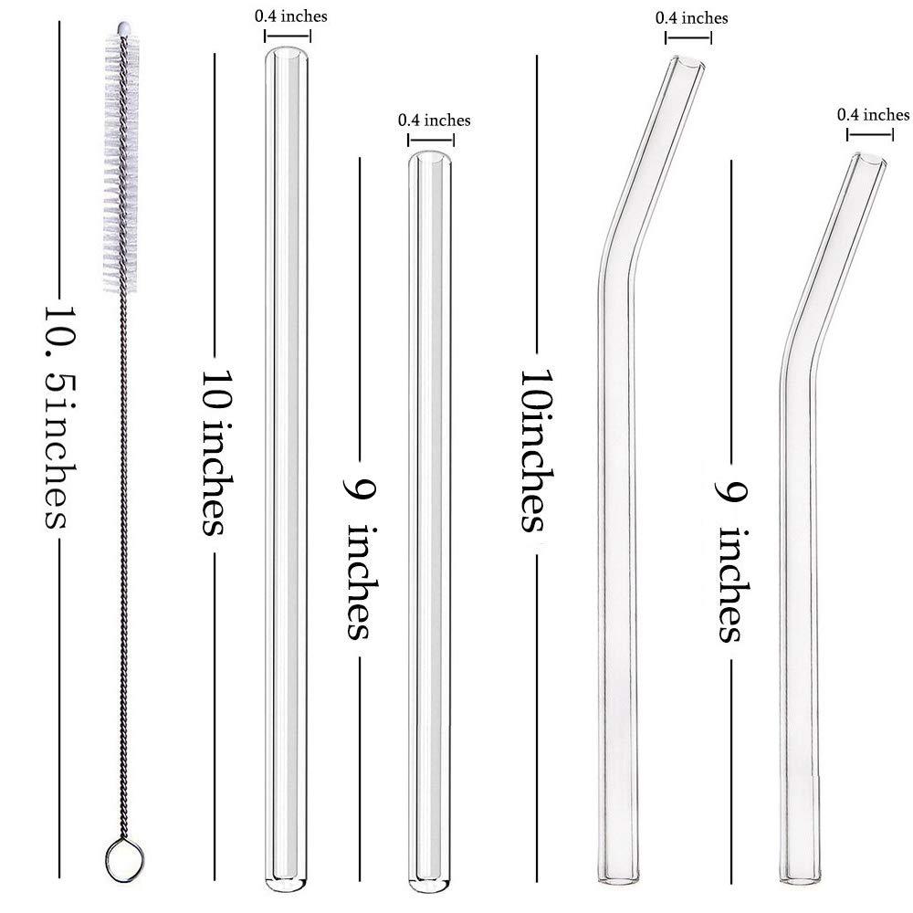 8-Pack Clear Glass Smoothie Straws, 10mm Wide 10" + 9 " Long Reusable Drinking Straws with 2 Cleaning Brush