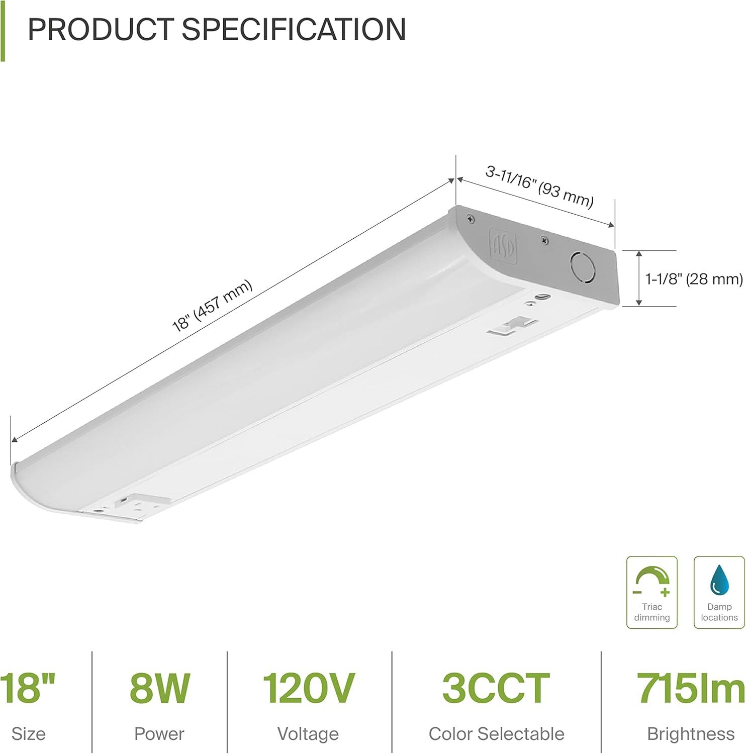 ASD LED Under Cabinet Lighting with 1 Power Outlet, 18 inch 8W 715 LM, Hardwired Under Cabinet Lights for Kitchen, 3000K Soft/4000K Cool/5000K Daylight, Under Counter Light Fixtures, ETL White Finish