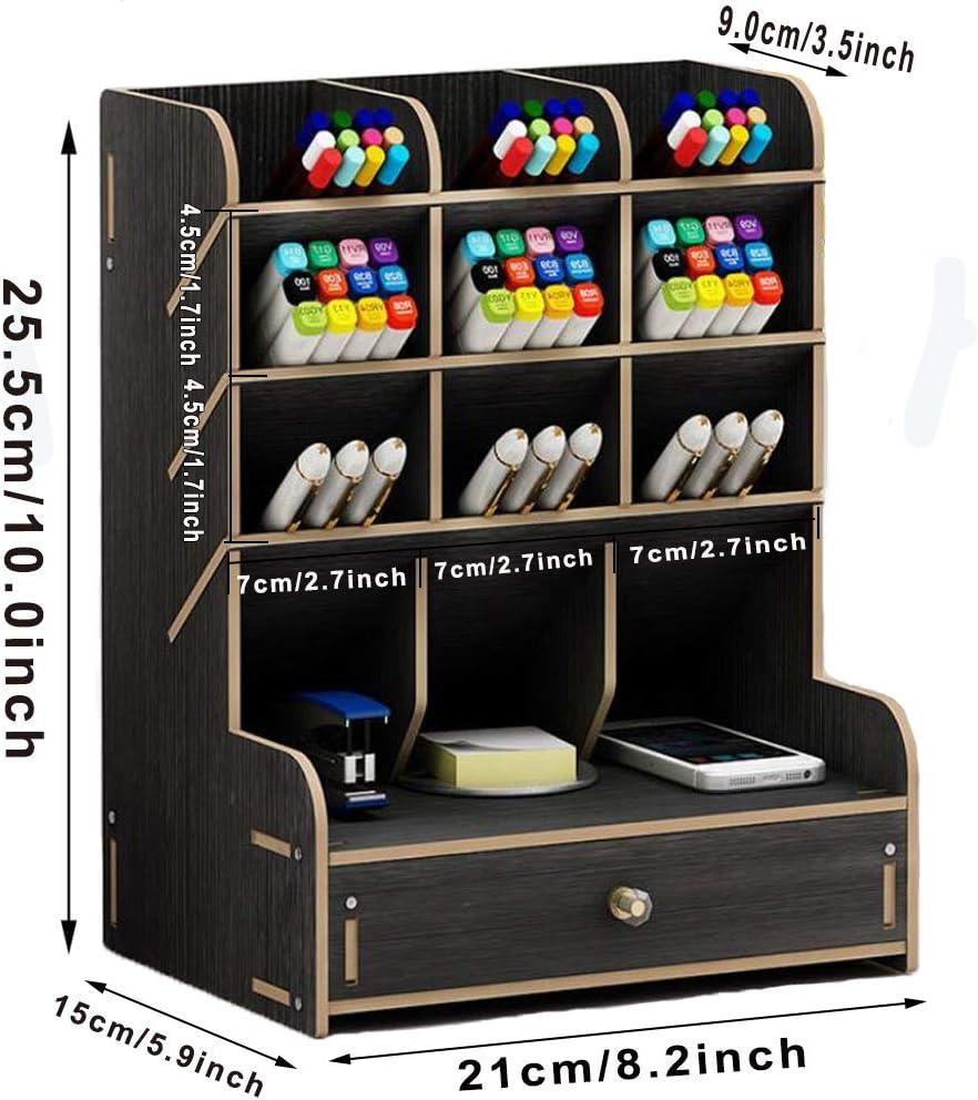 Marbrasse Wooden Desk Organizer, Multi-Functional DIY Pen Holder Box, Desktop Stationary, Home Office Supply Storage Rack with Drawer (B11-Black)