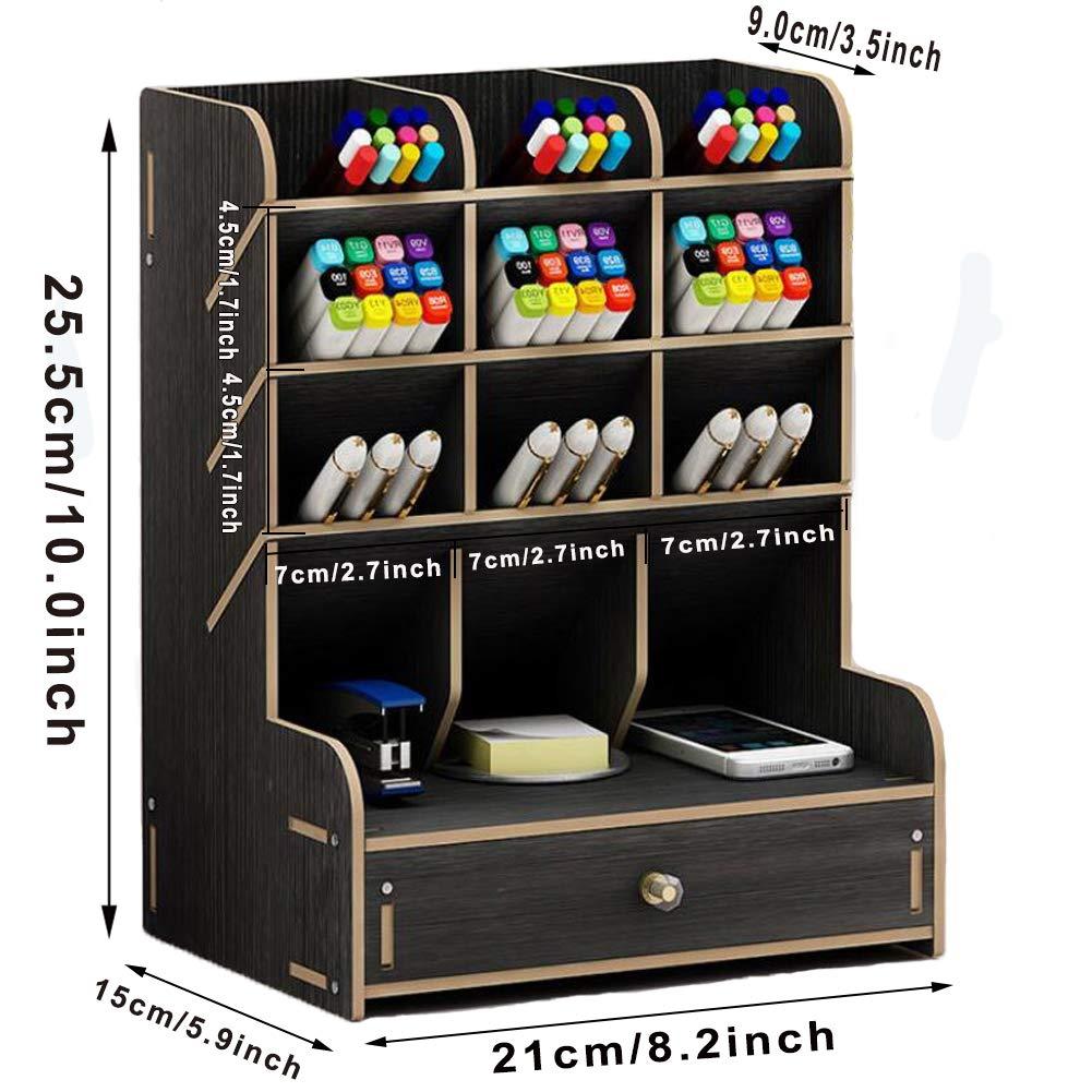 Marbrasse Wooden Desk Organizer, Multi-Functional DIY Pen Holder Box, Desktop Stationary, Home Office Supply Storage Rack with Drawer (B11-Black)