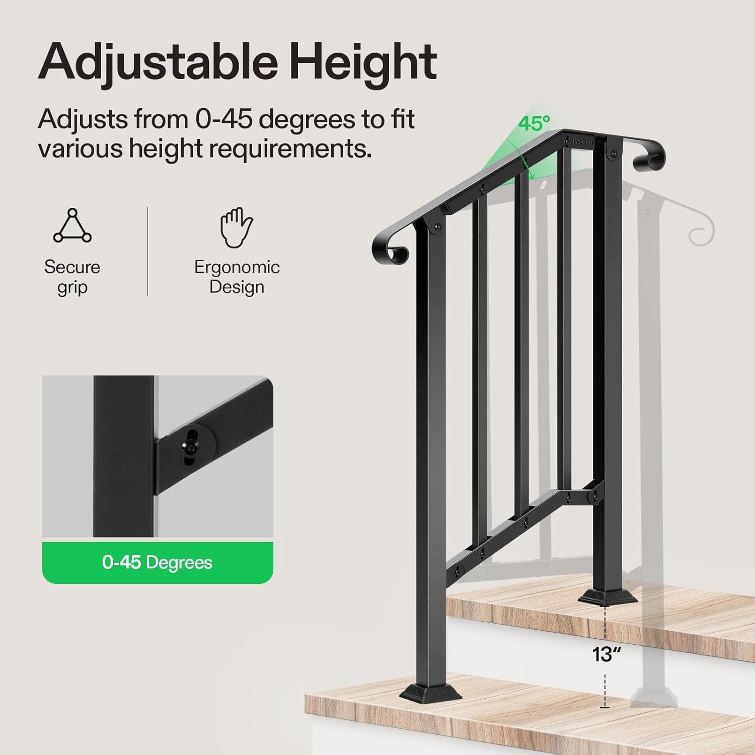 VIVOSUN Outdoor Iron Stair Handrail with Curved Ends and Balusters