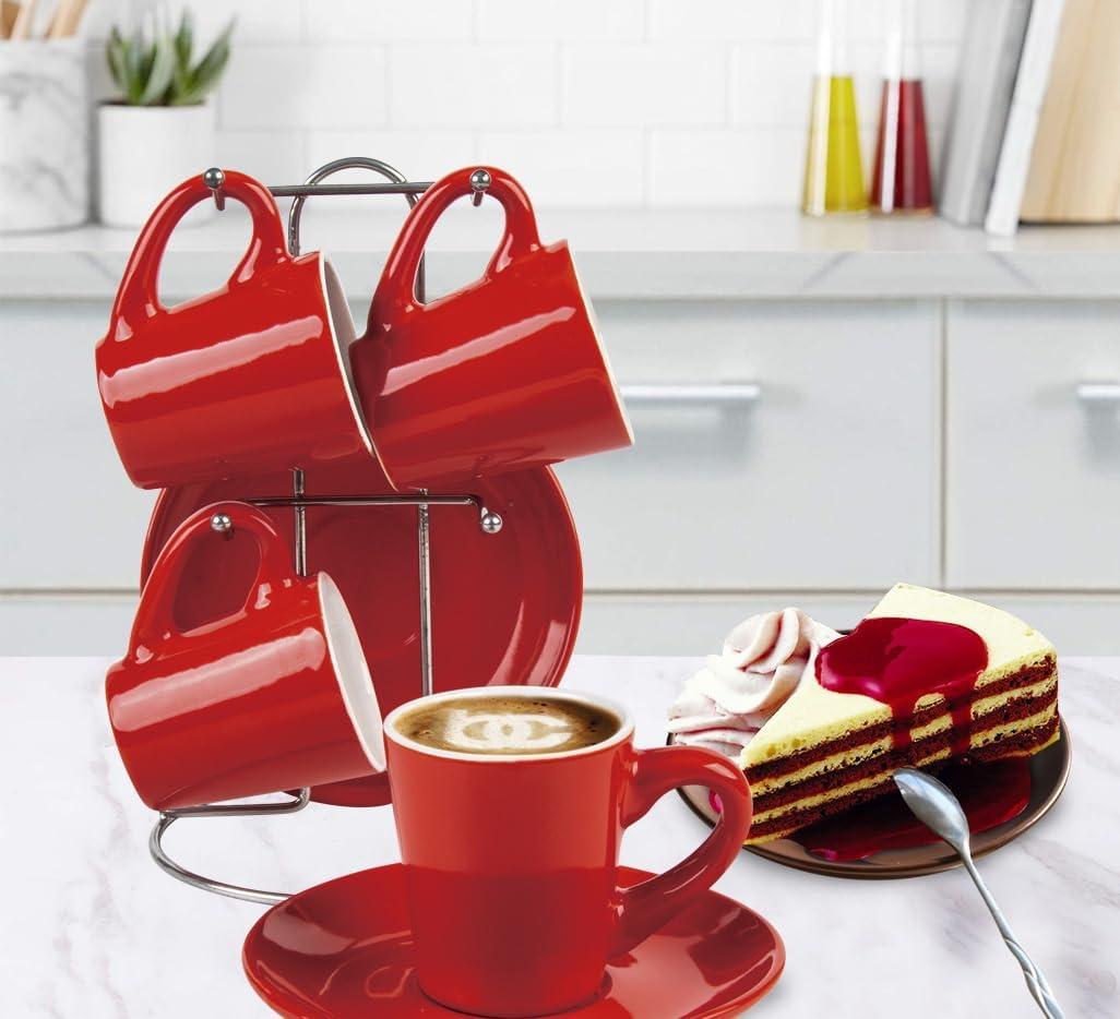 Bene Casa 9-Piece Red Espresso Demitasse Cup and Saucer Set with Stand