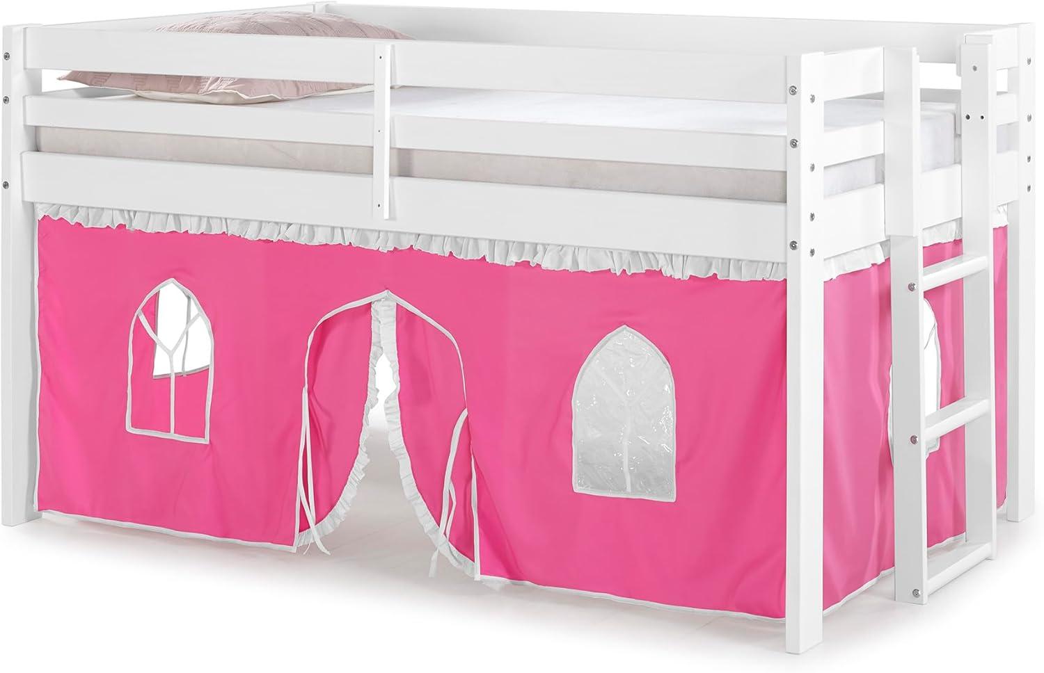 Alaterre Furniture Jasper Twin Junior Loft Bed, White Frame and Pink/White Bottom Playhouse Tent