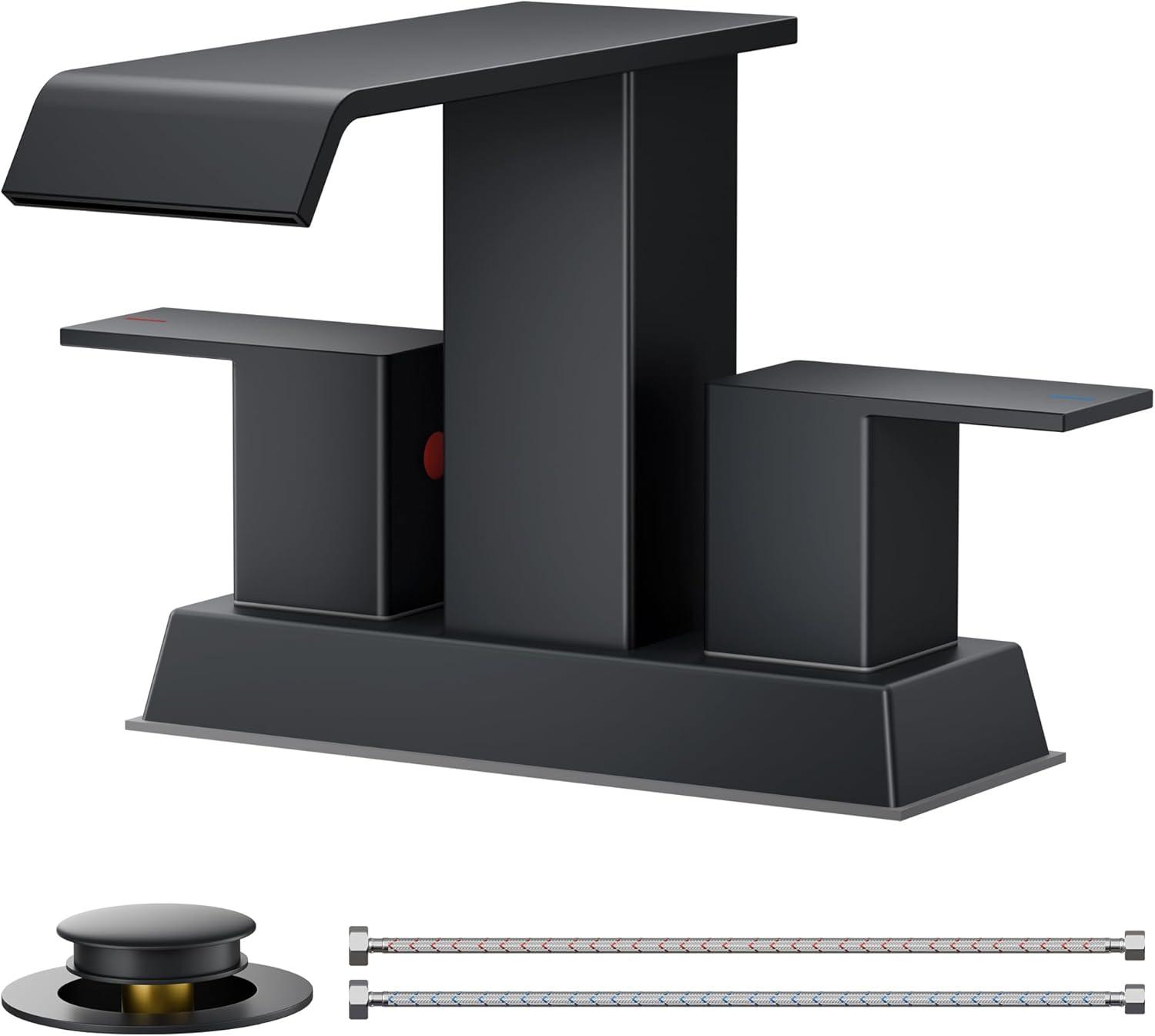 Matte Black Ceramic Disc Double Handle Bathroom Faucet with Pop-Up Drain Kit