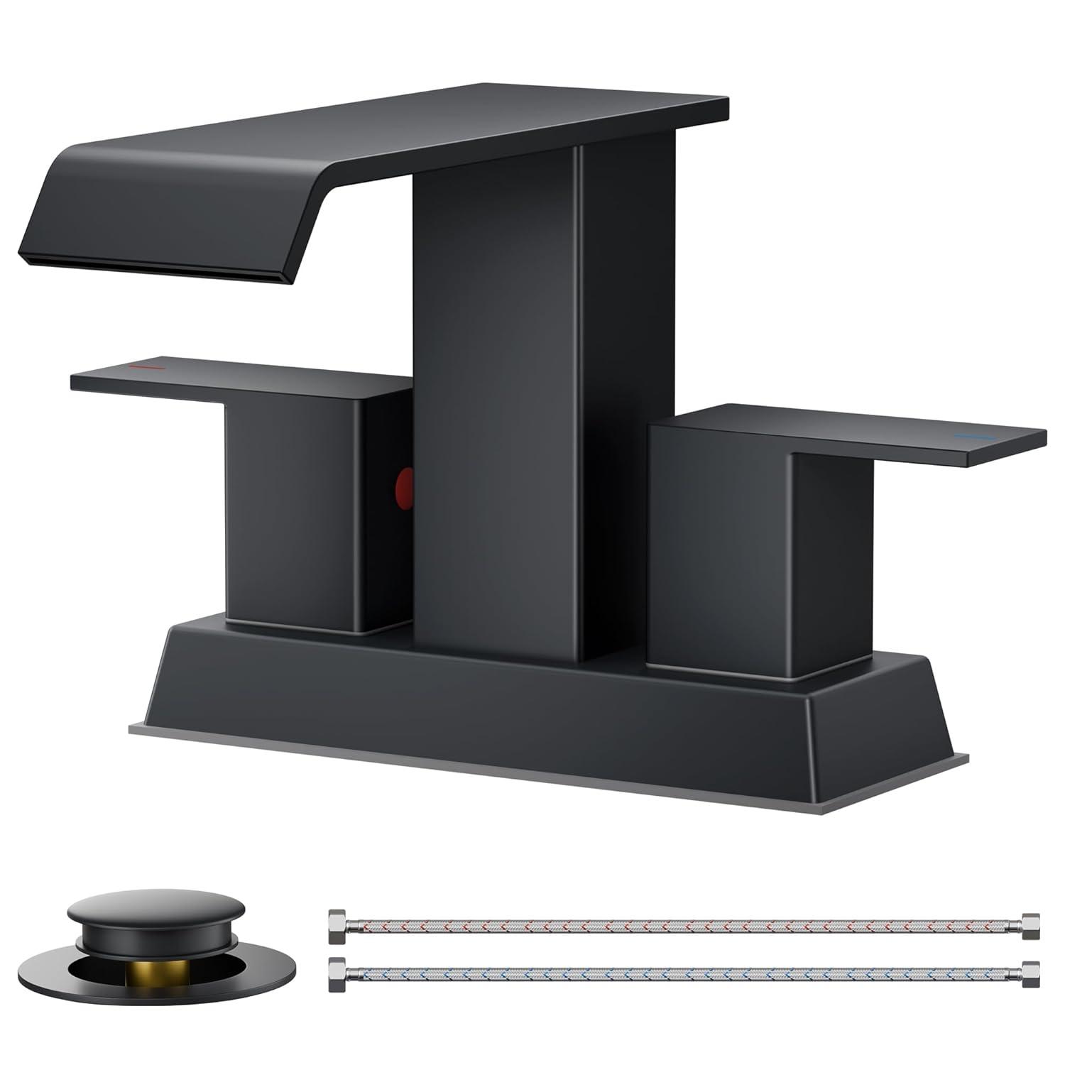 Matte Black Ceramic Disc Double Handle Bathroom Faucet with Pop-Up Drain Kit