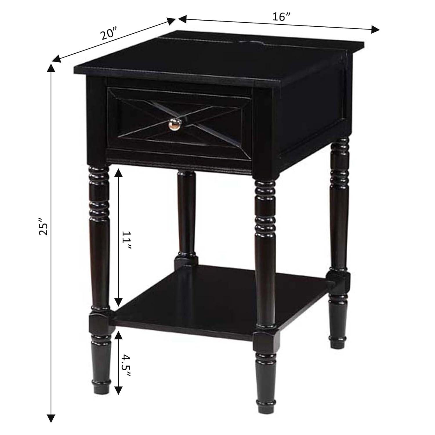Convenience Concepts Country Oxford 1 Drawer End Table with Charging Station and Shelf, Black