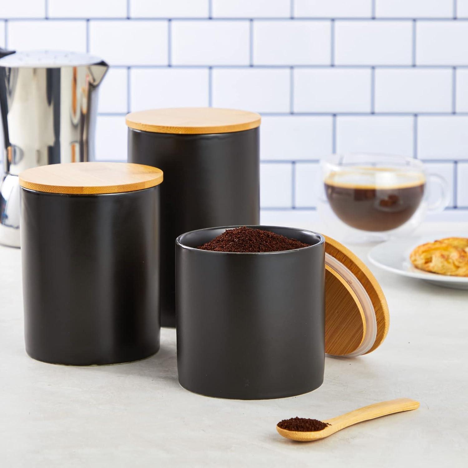 Farmlyn Creek Set of 3 Marble Ceramic Canisters with Wooden Bamboo Lids, Kitchen Counter Containers, Food Storage Jars, 3 Sizes