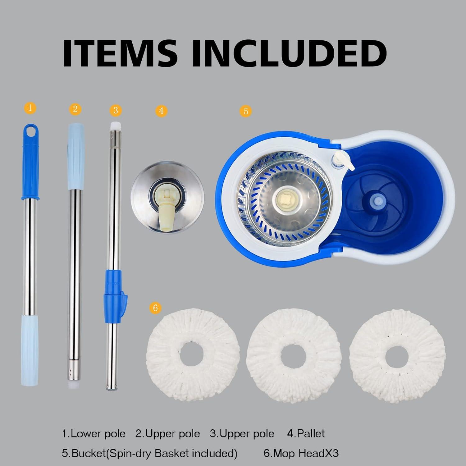 Spin Mop and Bucket with Wringer Set,360°Spin Mop & Bucket Floor Cleaning System Mop Bucket with 61" Adjustable Extended Handle 3 Microfiber Replacement Head Refills