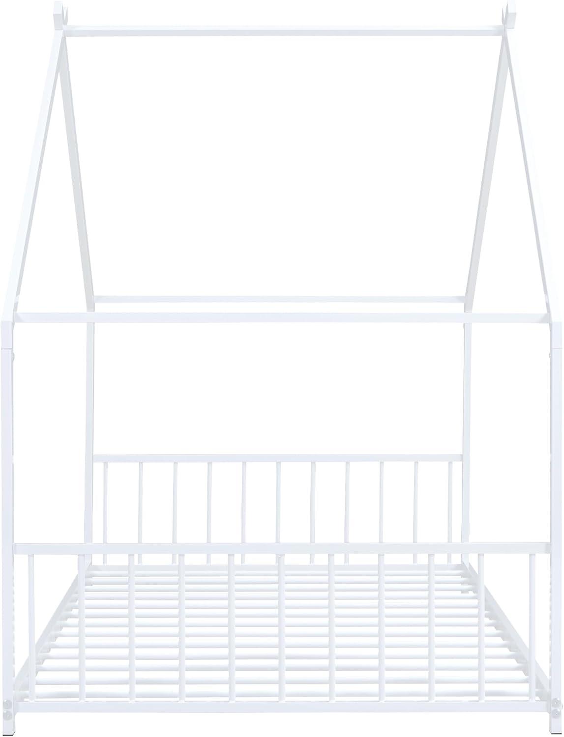Gewnee Twin Size House Bed with Roof and Fence,Metal Montessori Platform Bed for Toddle and Kids,White