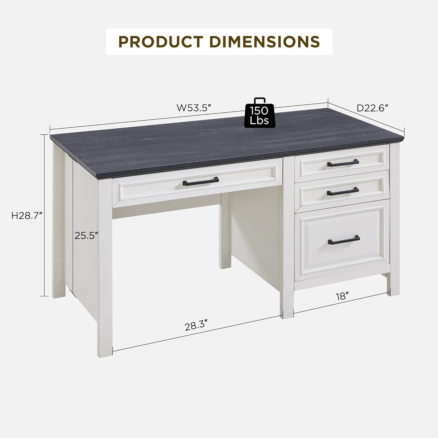 SinCiDo 53″ Farmhouse Home Office Desk, Writing Desks with File Cabinet & Drawer, White