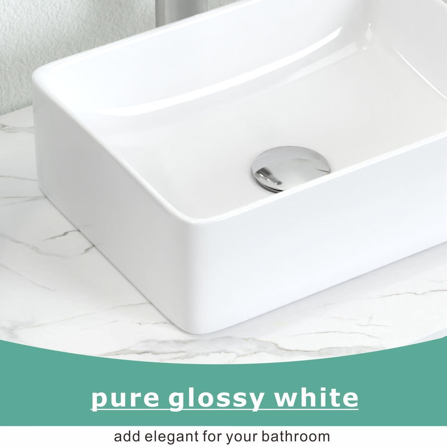 J-FAMILY 14.5'' x 10.6'' Bathroom Small Vessel Sink Above Counter White Porcelain Ceramic Sink Bowl Vanity Sink Lavatory Rectangular Wash Hand Basin