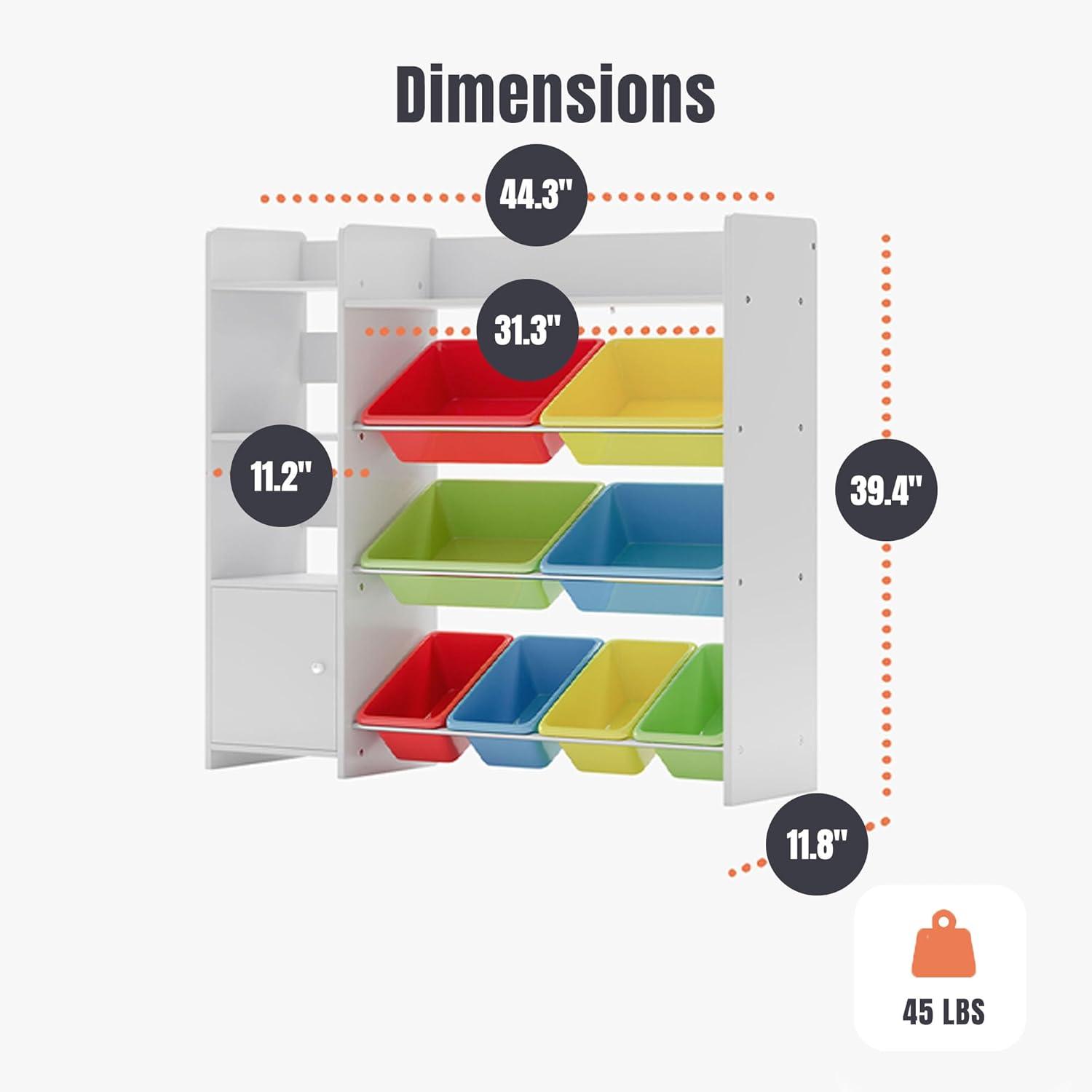 Sturdis Toy Storage Organizer with Bookshelf, Kids Playroom Organization Shelving Unit with Removable Colorful Storage Bins & Anti-Tip Bracket, White
