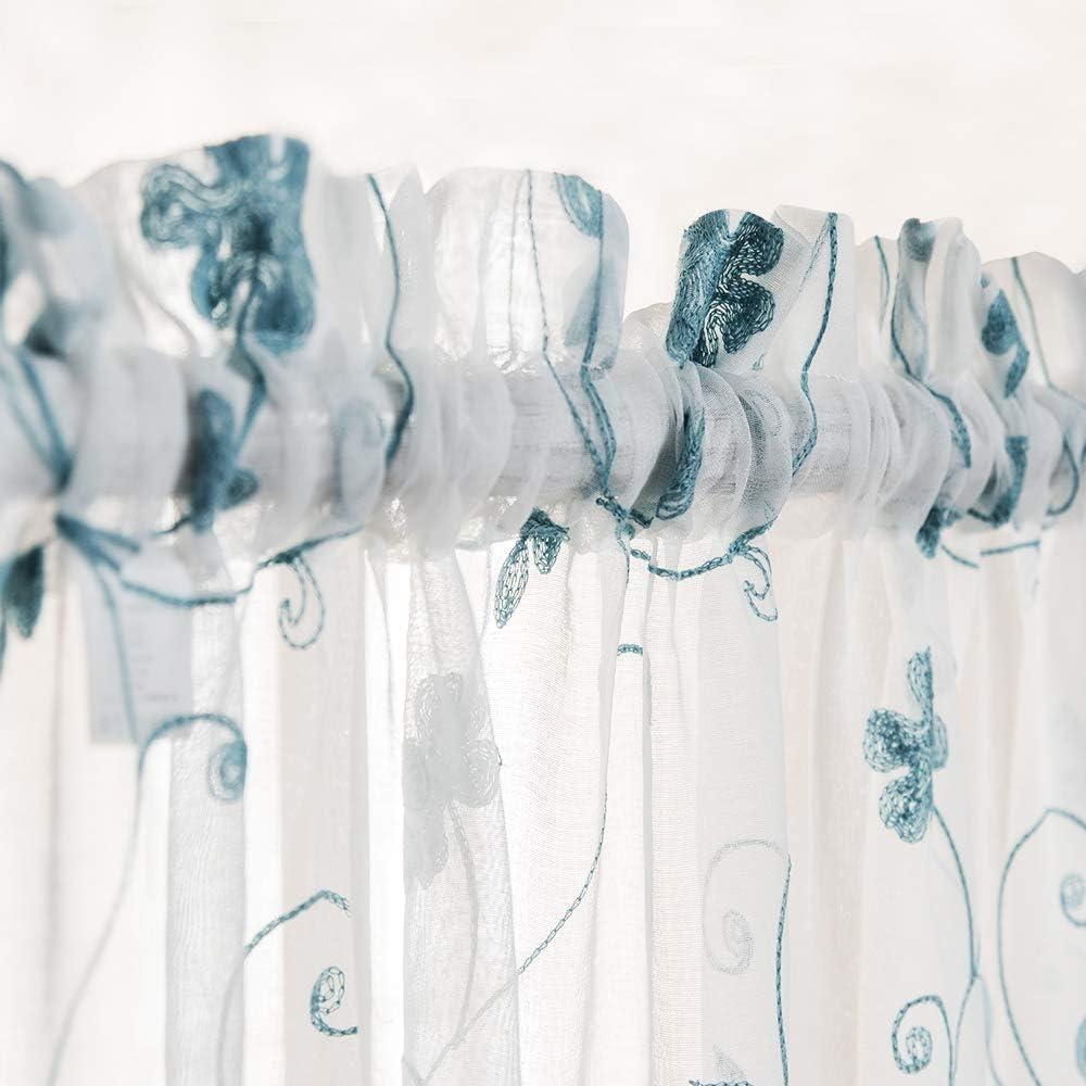 Blue Floral Embroidery Sheer Rod Pocket Curtains, 52" x 63"