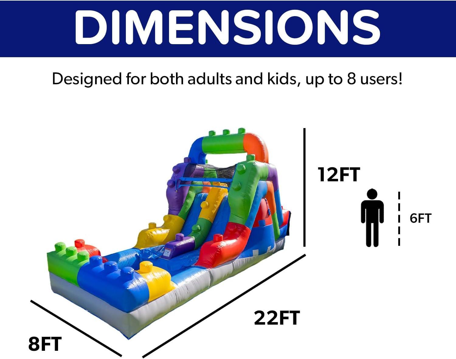 Herokiddo Block Party 12’ Tall Dual Lane Backload Inflatable Water Slide With Attached Pool, For Kids And Adults, Commercial Grade Pvc Vinyl, Outdoor Backyard Fun, Blow Up Water Park, (blower Included)