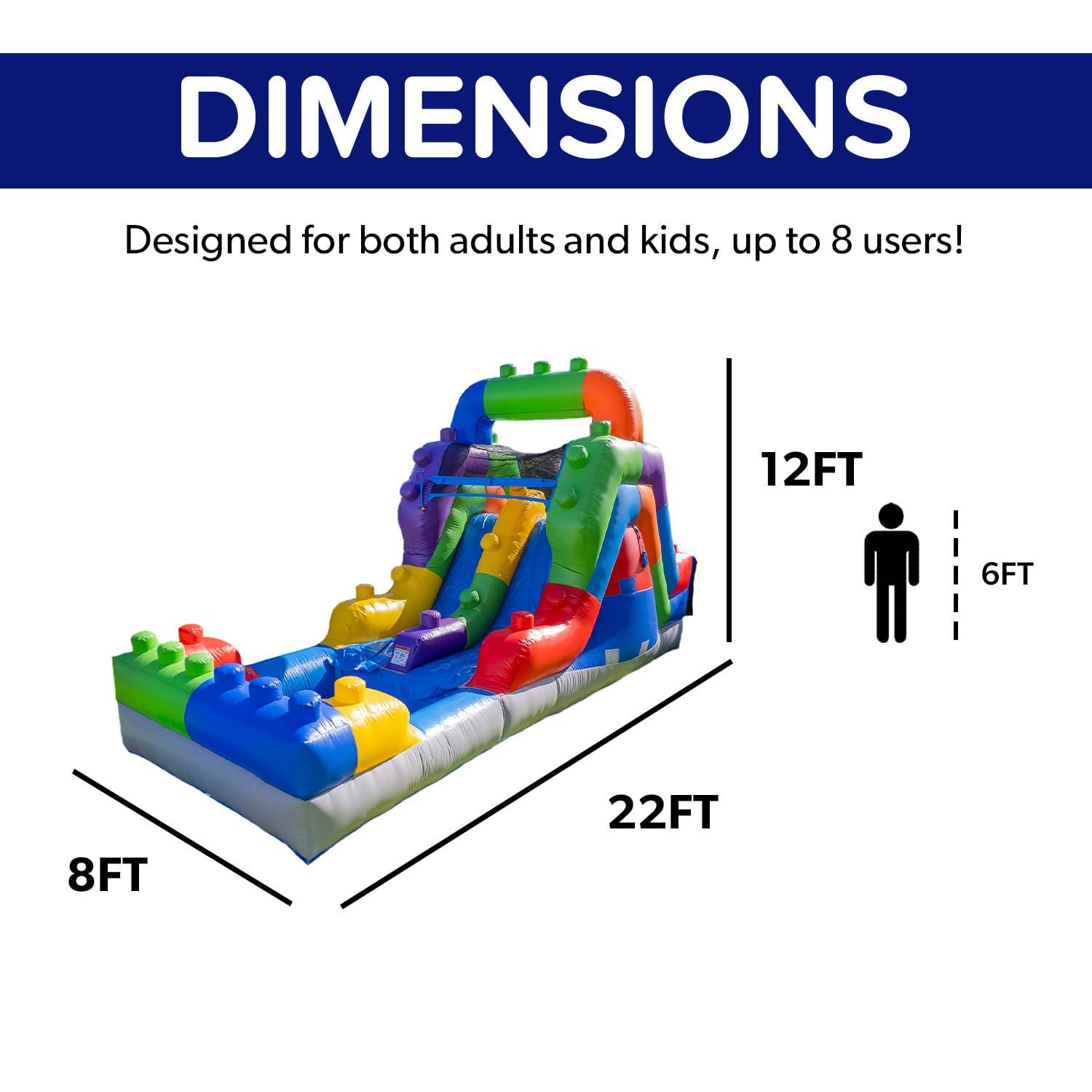 Herokiddo Block Party 12’ Tall Dual Lane Backload Inflatable Water Slide With Attached Pool, For Kids And Adults, Commercial Grade Pvc Vinyl, Outdoor Backyard Fun, Blow Up Water Park, (blower Included)